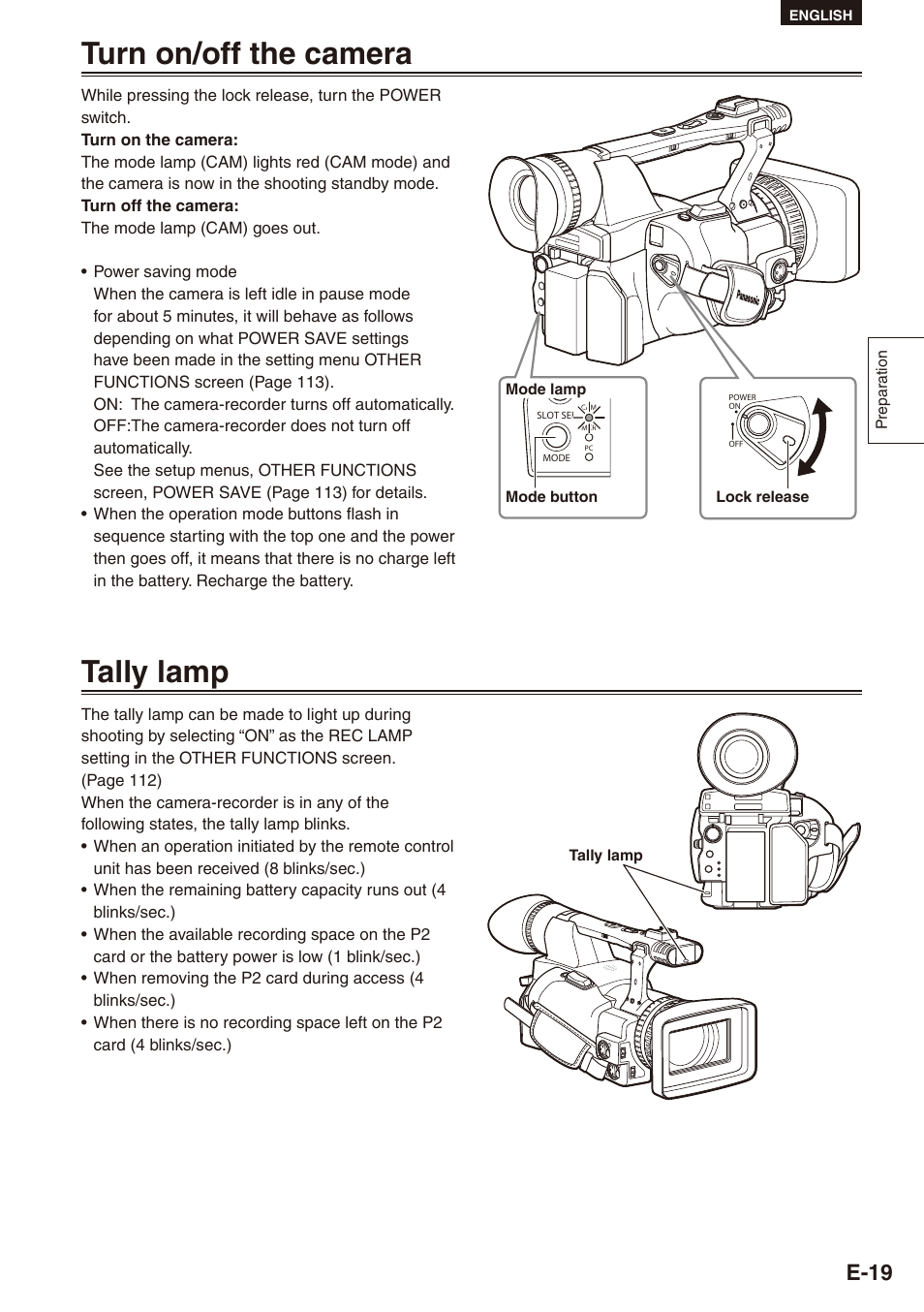 Turn on/off the camera, Tally lamp, Turn on/off the camera tally lamp | E-19 | Philips SD AG-HPX171E User Manual | Page 19 / 131