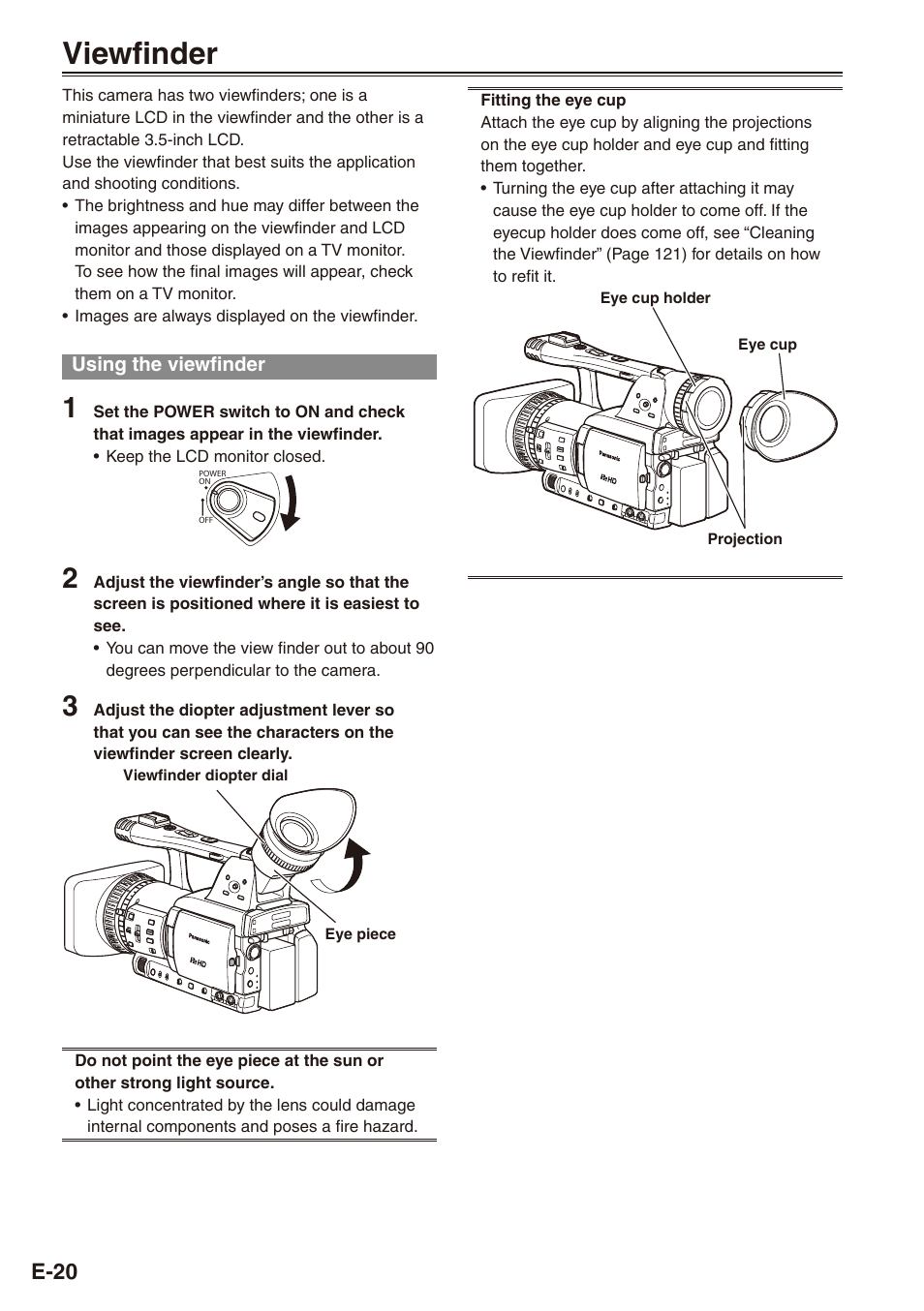 Viewfinder, Using the viewfinder, E-0 | Philips SD AG-HPX171E User Manual | Page 20 / 131