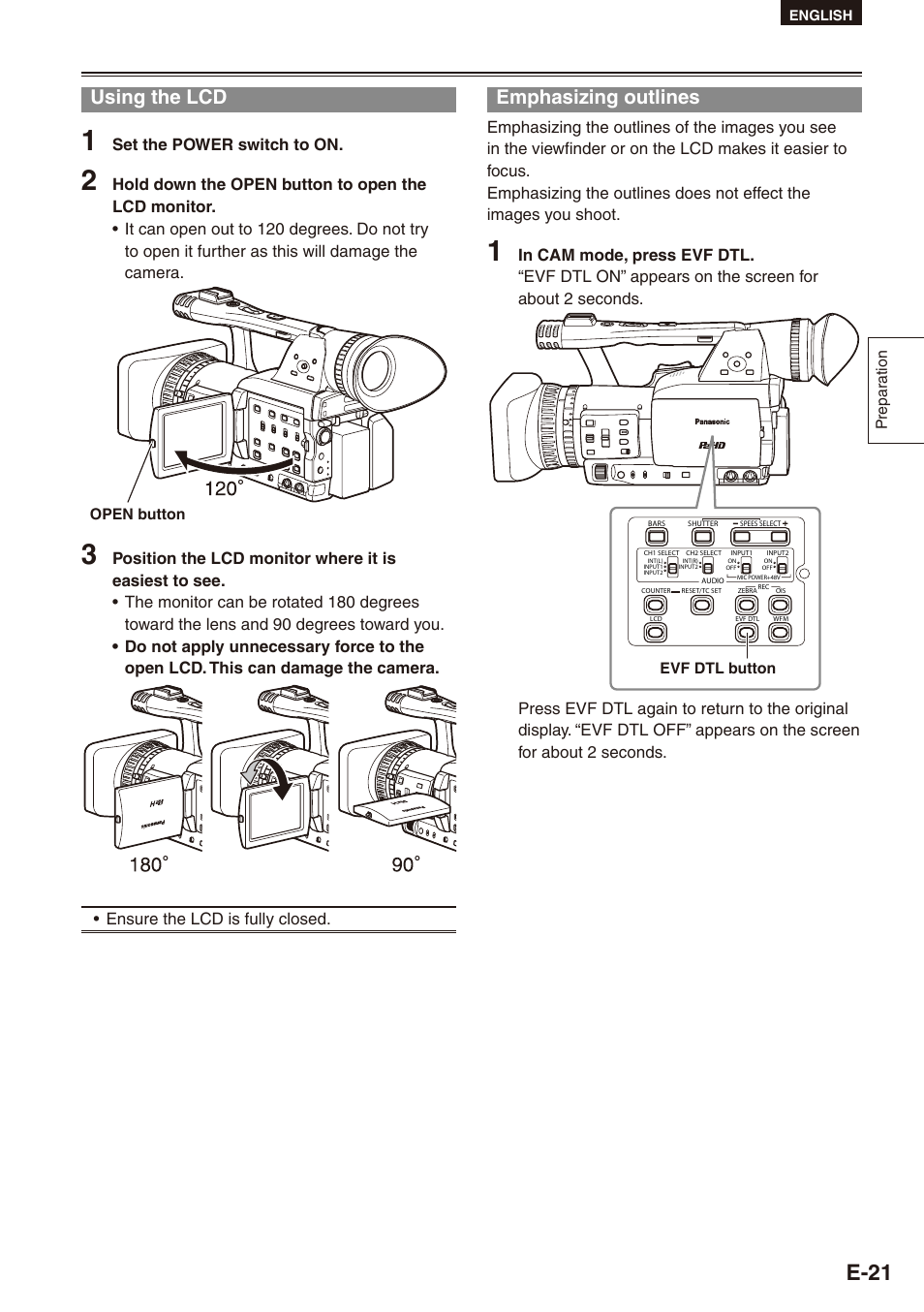 Using the lcd, Emphasizing outlines, Using the lcd emphasizing outlines | E-1, Set the power switch to on | Philips SD AG-HPX171E User Manual | Page 21 / 131