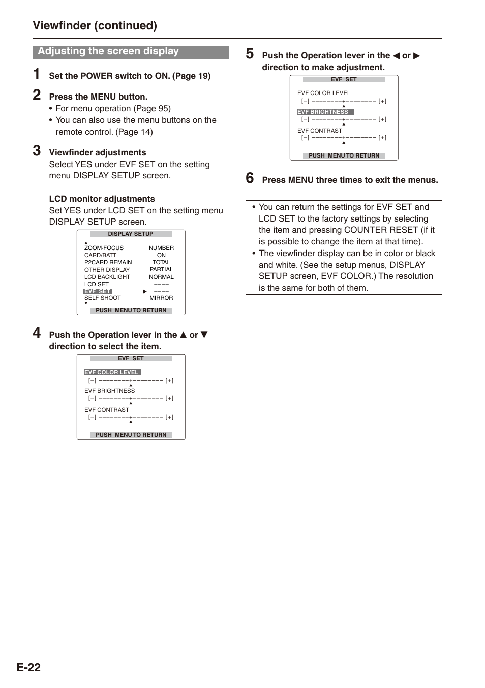 Adjusting the screen display, E- viewfinder (continued) | Philips SD AG-HPX171E User Manual | Page 22 / 131