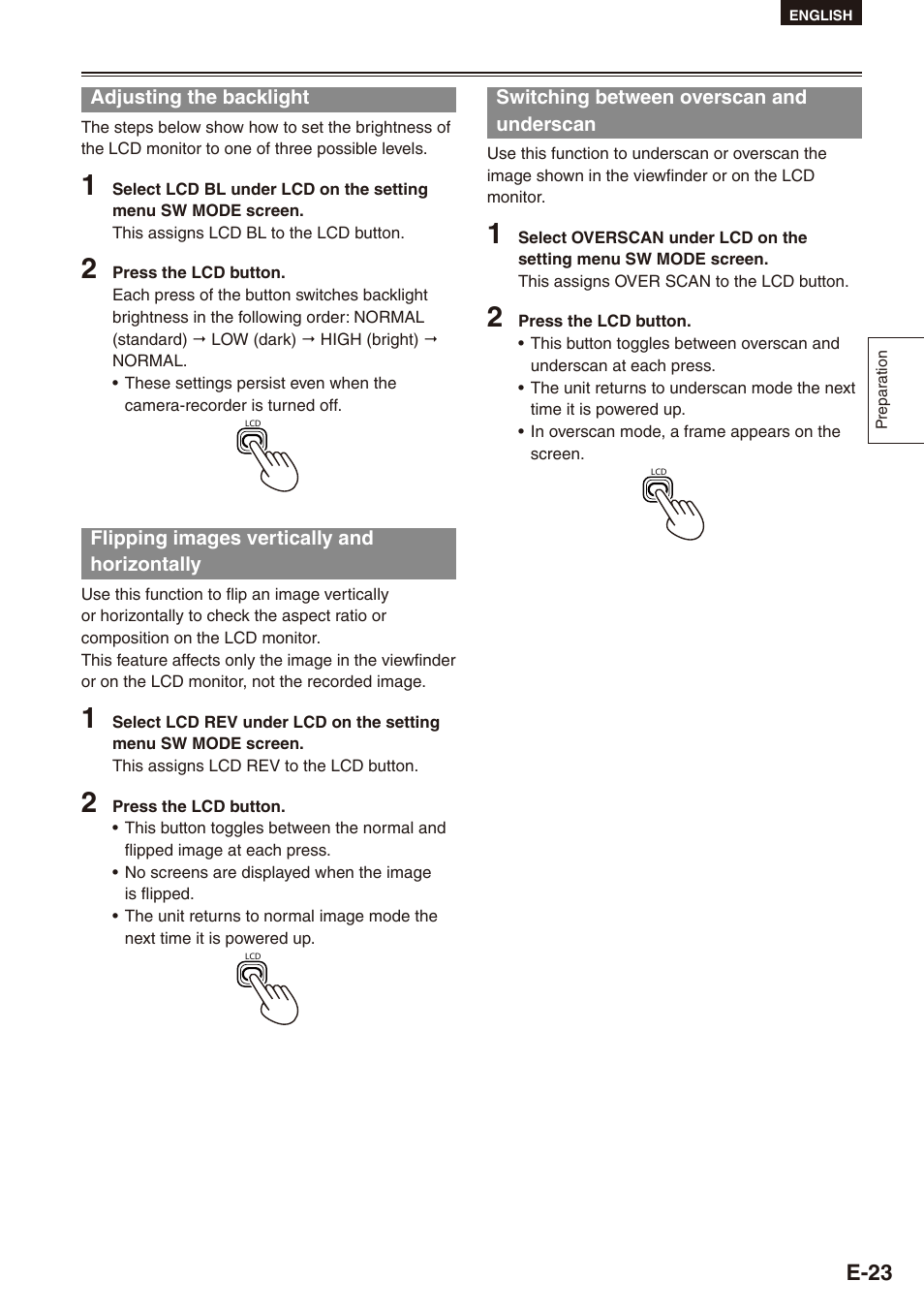 Adjusting the backlight, Flipping images vertically and horizontally, Switching between overscan and underscan | Underscan, E-3 | Philips SD AG-HPX171E User Manual | Page 23 / 131