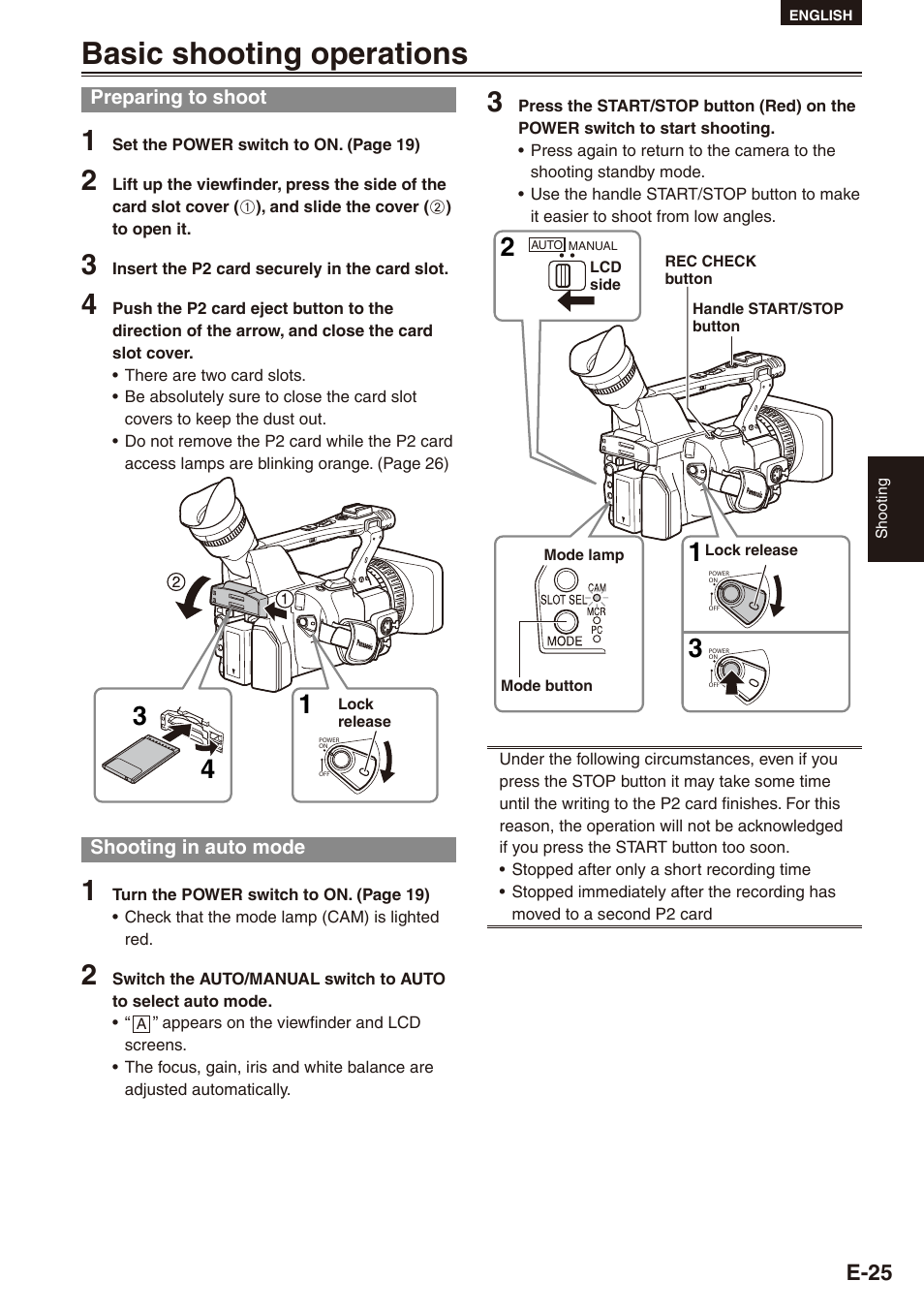 Shooting, Basic shooting operations, Preparing to shoot | Shooting in auto mode, Preparing to shoot shooting in auto mode, E-5 | Philips SD AG-HPX171E User Manual | Page 25 / 131