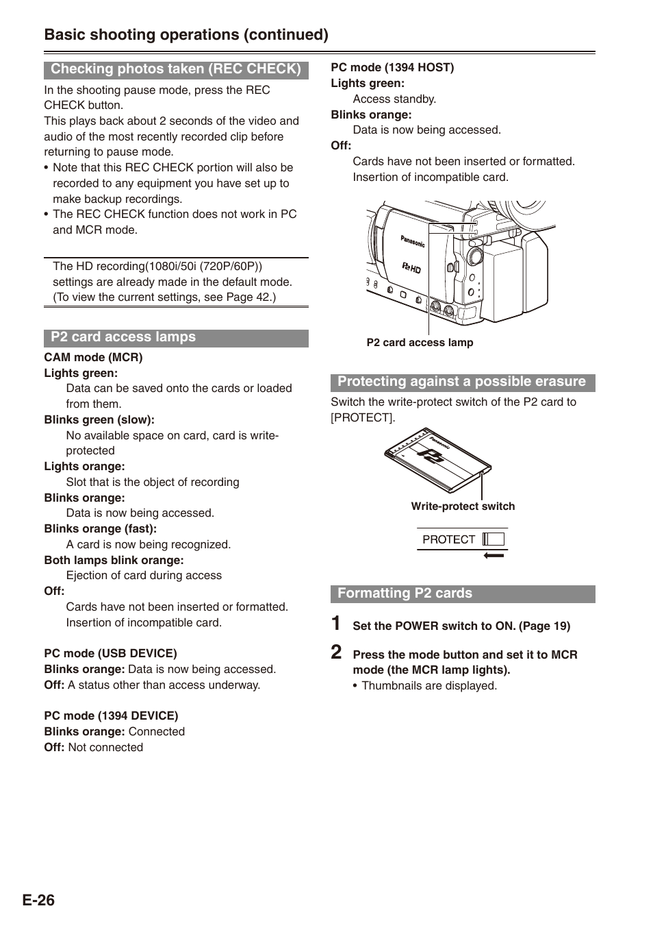 Checking photos taken (rec check), P2 card access lamps, Protecting against a possible erasure | Formatting p2 cards, E-6 basic shooting operations (continued) | Philips SD AG-HPX171E User Manual | Page 26 / 131