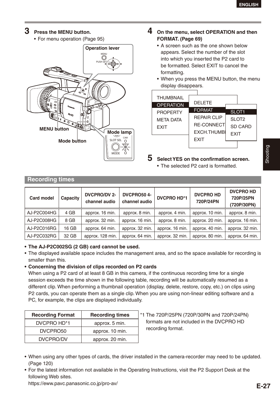 Recording times, E-7 | Philips SD AG-HPX171E User Manual | Page 27 / 131