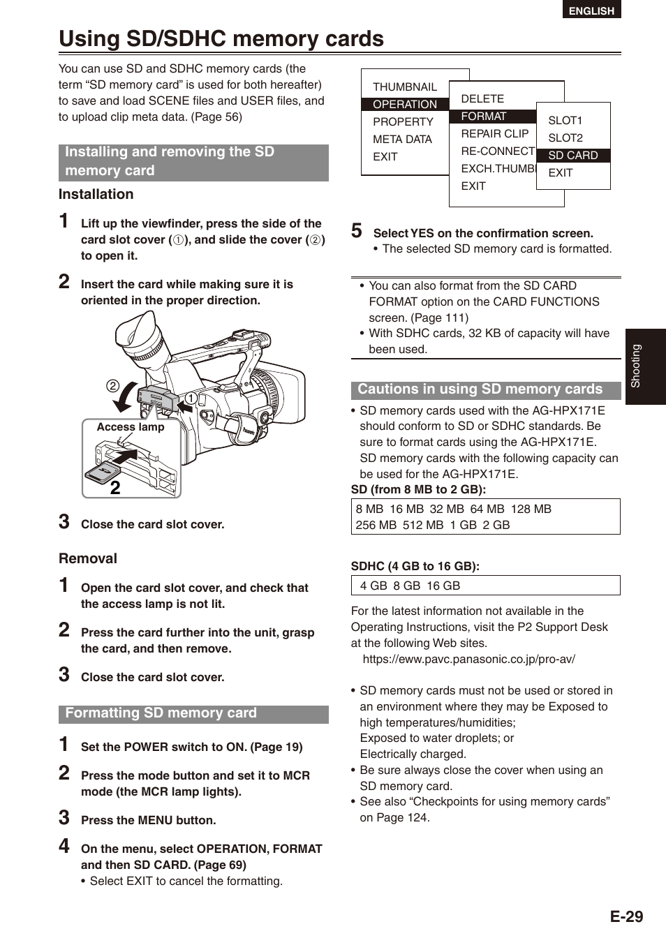 Using sd/sdhc memory cards, Installing and removing the sd memory card, Formatting sd memory card | Cautions in using sd memory cards, Installing and removing, The sd memory card, And 29 | Philips SD AG-HPX171E User Manual | Page 29 / 131