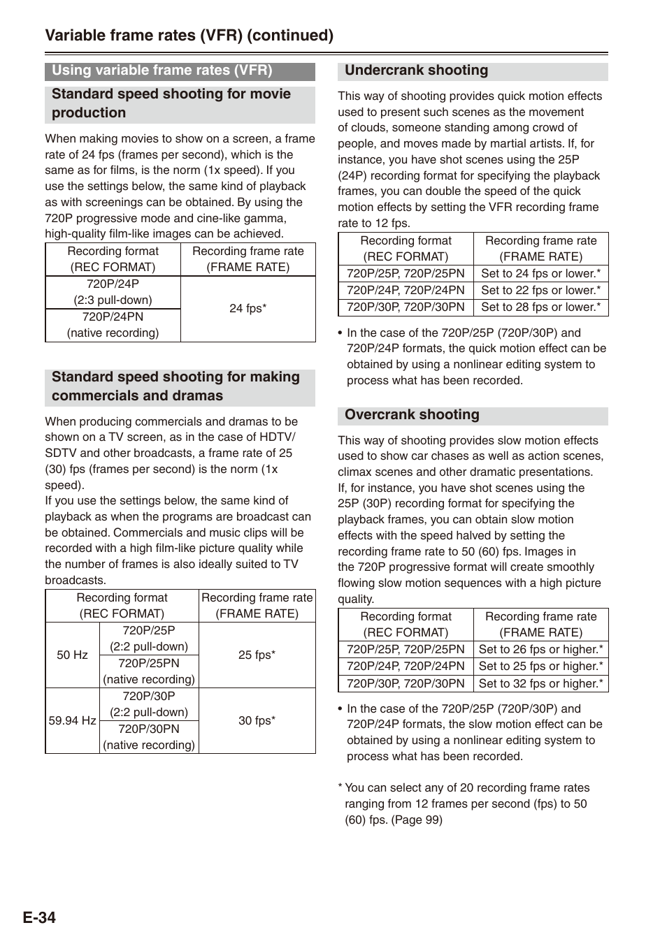 Using variable frame rates (vfr), Variable frame rates (vfr) (continued) | Philips SD AG-HPX171E User Manual | Page 34 / 131