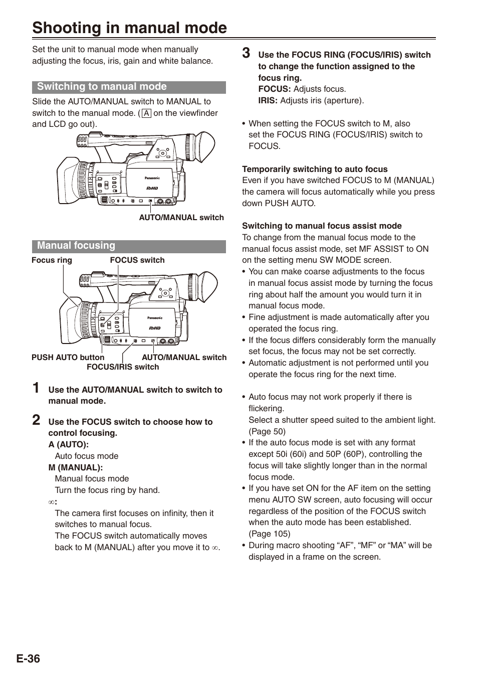 Shooting in manual mode, Switching to manual mode, Manual focusing | Switching to manual mode manual focusing, E-36 | Philips SD AG-HPX171E User Manual | Page 36 / 131