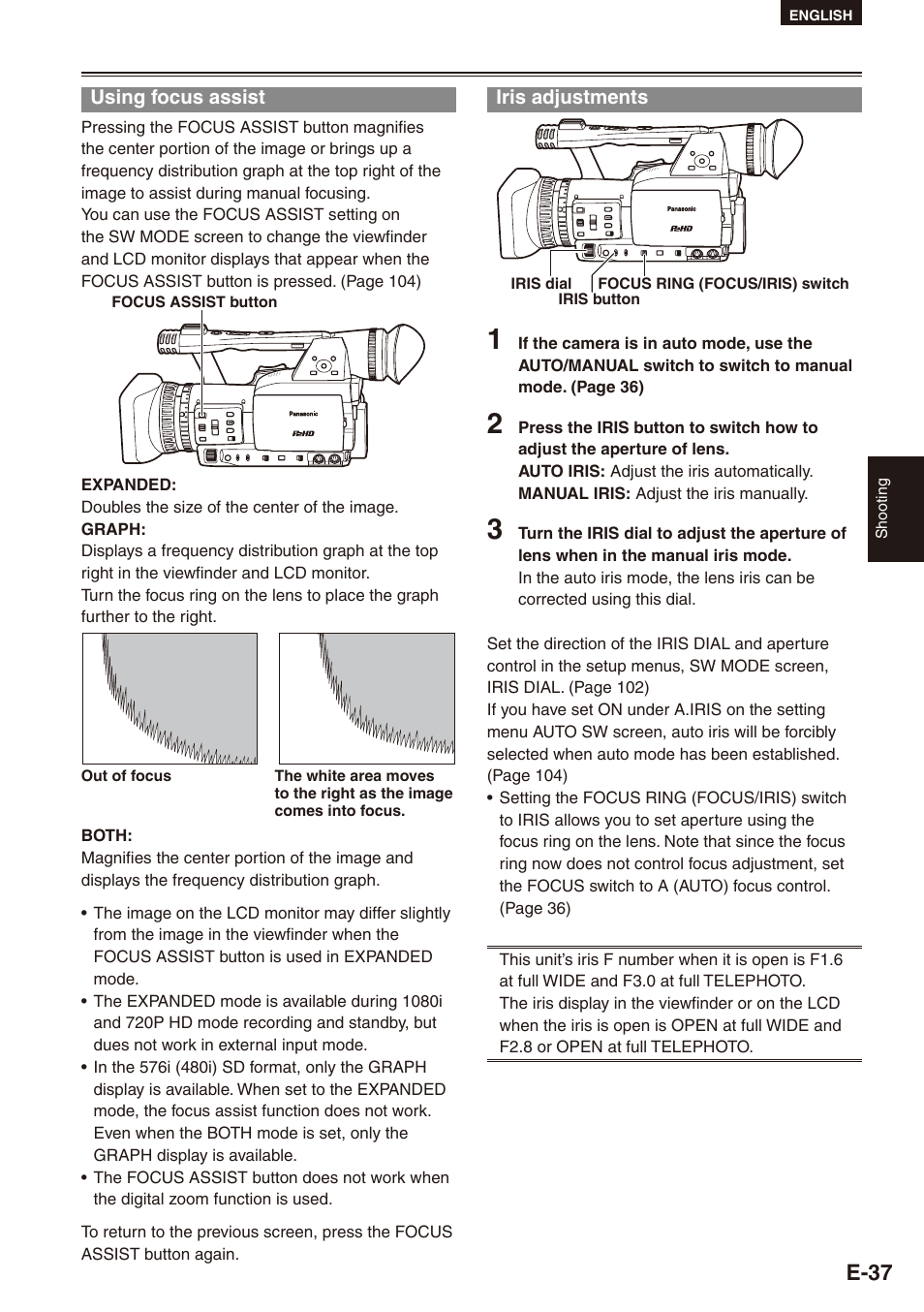 Using focus assist, Iris adjustments, Using focus assist iris adjustments | E-37 | Philips SD AG-HPX171E User Manual | Page 37 / 131