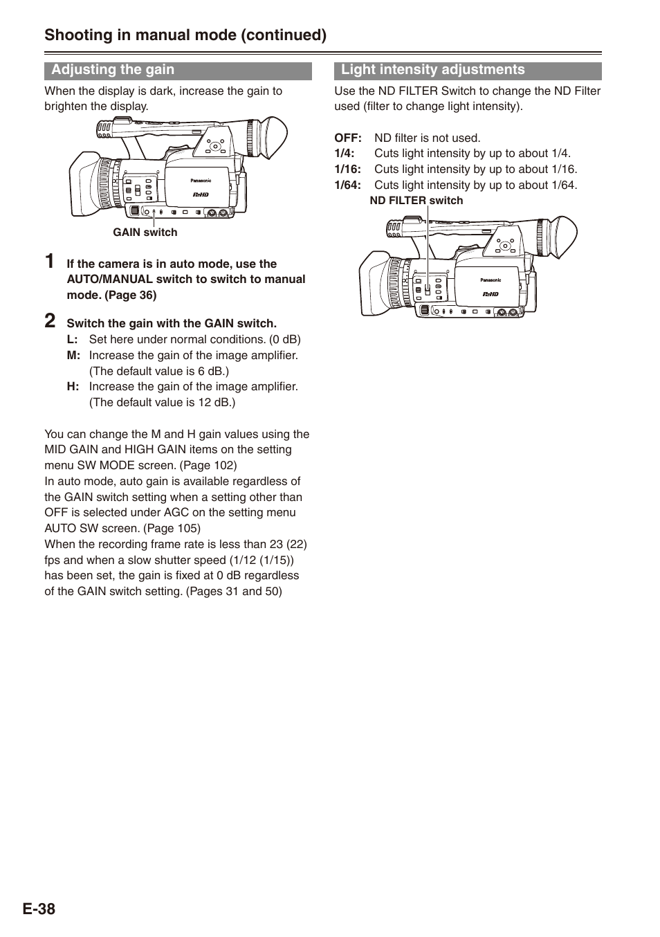 Adjusting the gain, Light intensity adjustments, Adjusting the gain light intensity adjustments | Philips SD AG-HPX171E User Manual | Page 38 / 131