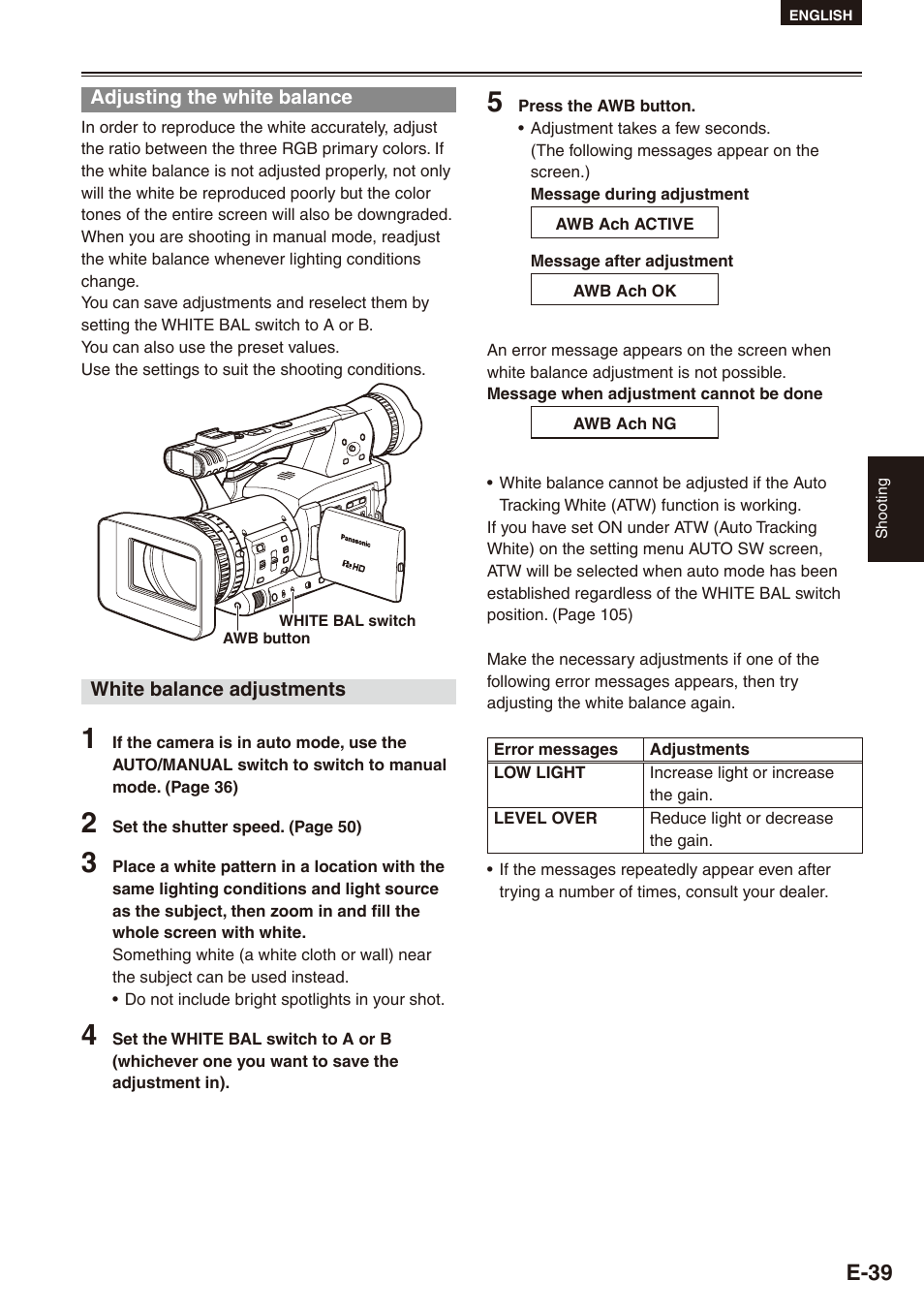 Adjusting the white balance, E-39 | Philips SD AG-HPX171E User Manual | Page 39 / 131