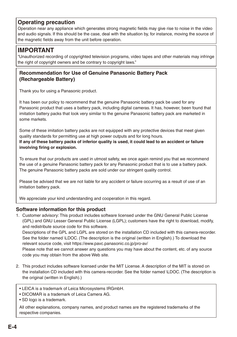 Operating precaution, Important, Software information for this product | E- operating precaution | Philips SD AG-HPX171E User Manual | Page 4 / 131