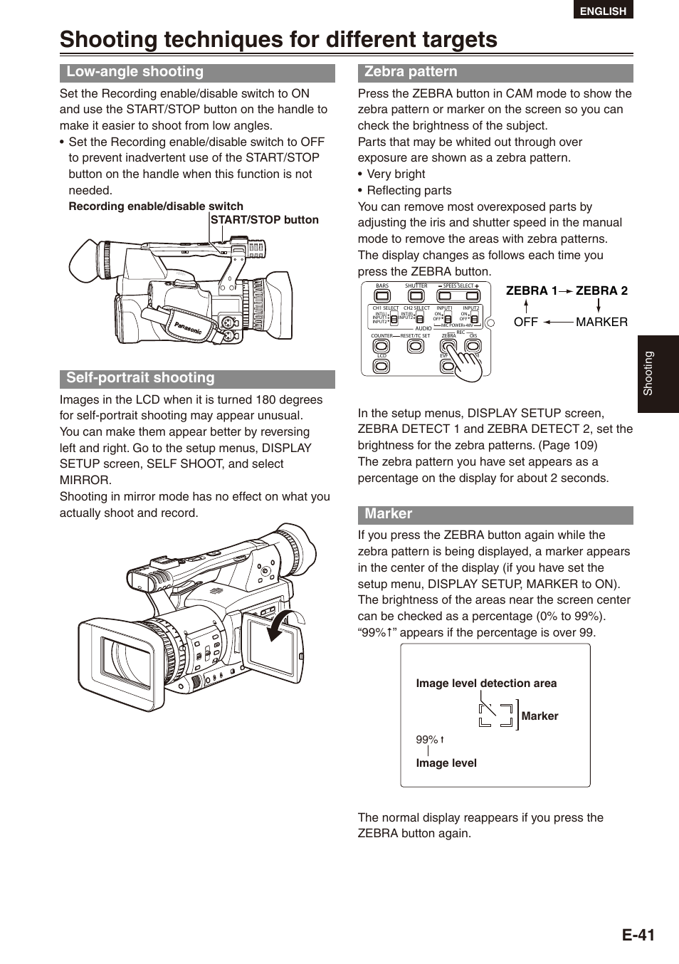 Shooting techniques for different targets, Low-angle shooting, Self-portrait shooting | Zebra pattern, Marker, E-1 | Philips SD AG-HPX171E User Manual | Page 41 / 131