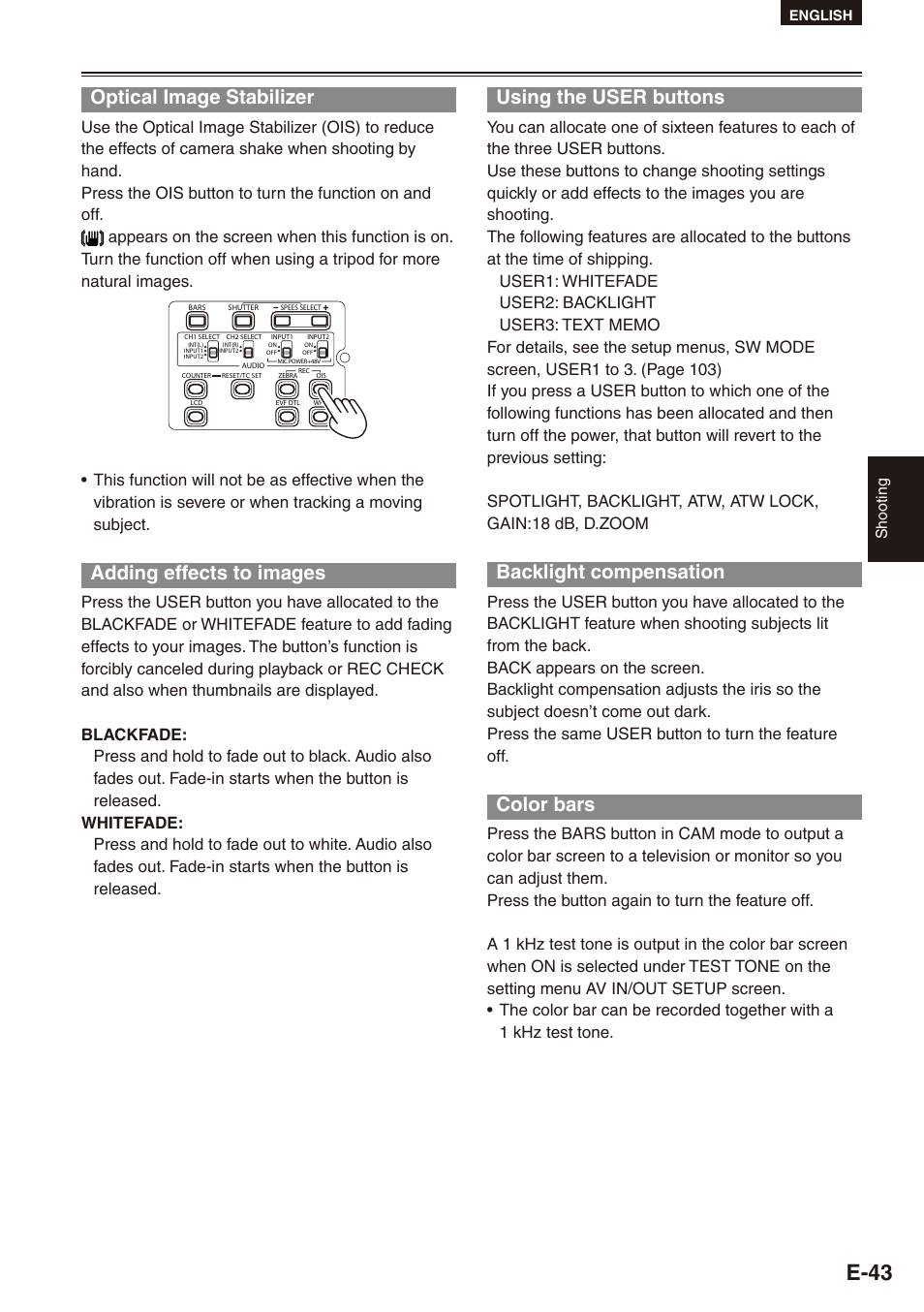 Optical image stabilizer, Adding effects to images, Using the user buttons | Backlight compensation, Color bars, E-3 | Philips SD AG-HPX171E User Manual | Page 43 / 131