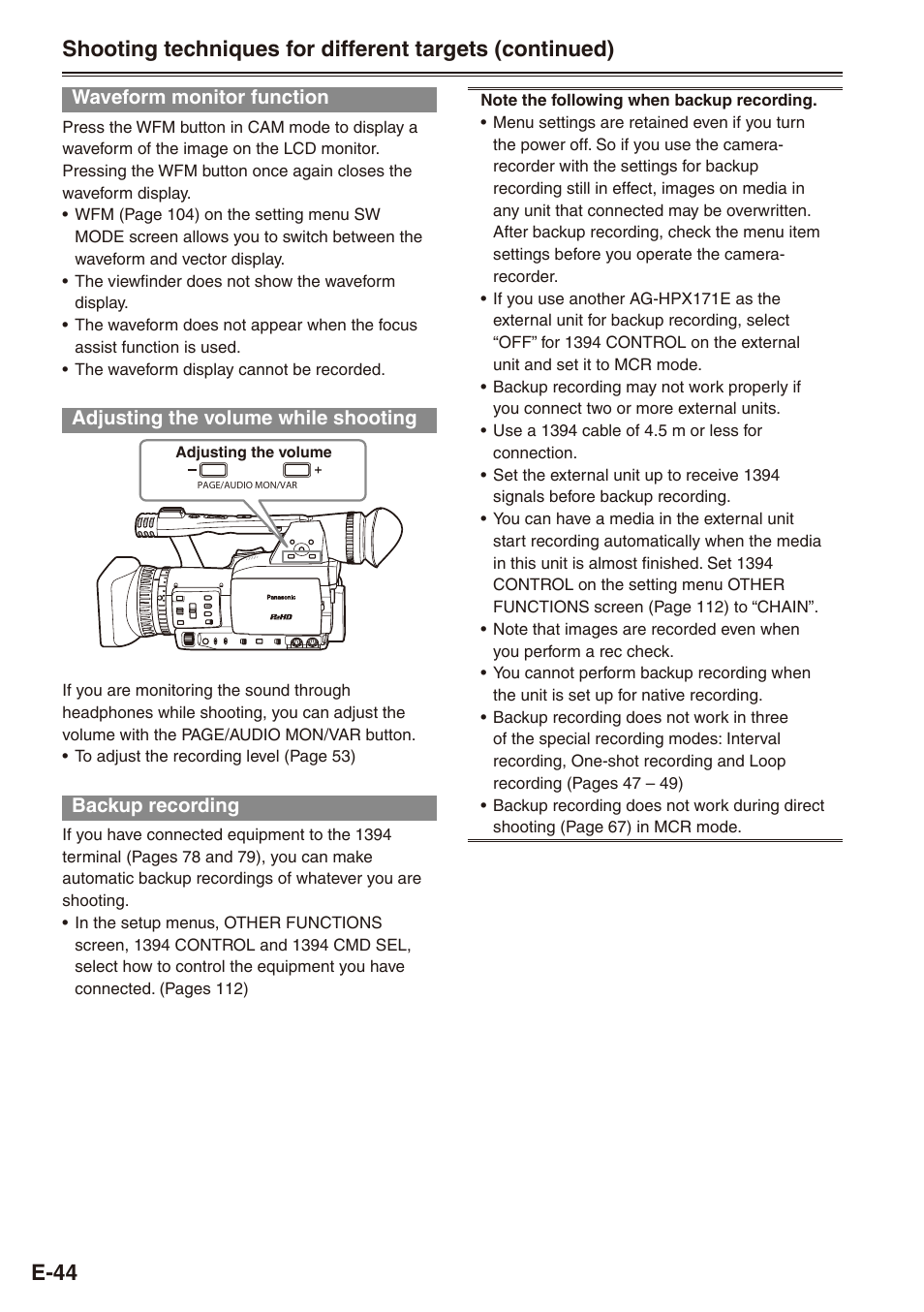 Waveform monitor function, Adjusting the volume while shooting, Backup recording | Philips SD AG-HPX171E User Manual | Page 44 / 131