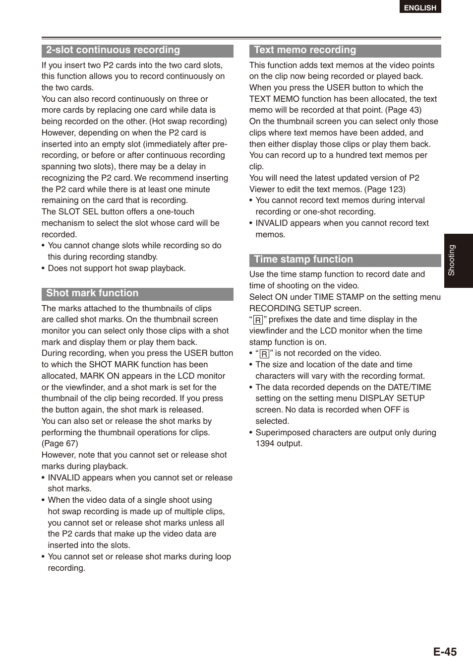 Slot continuous recording, Shot mark function, Text memo recording | Time stamp function, E-5 | Philips SD AG-HPX171E User Manual | Page 45 / 131