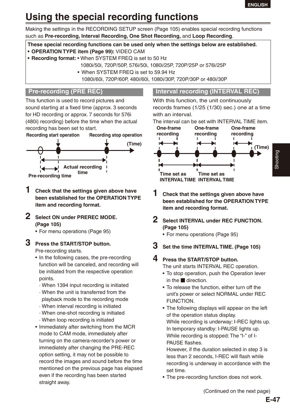 Using the special recording functions, Pre-recording (pre rec), Interval recording (interval rec) | E-7 | Philips SD AG-HPX171E User Manual | Page 47 / 131