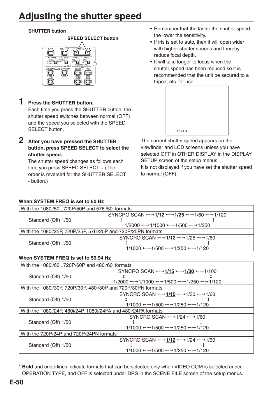 Adjusting the shutter speed, And 50, E-50 | Philips SD AG-HPX171E User Manual | Page 50 / 131