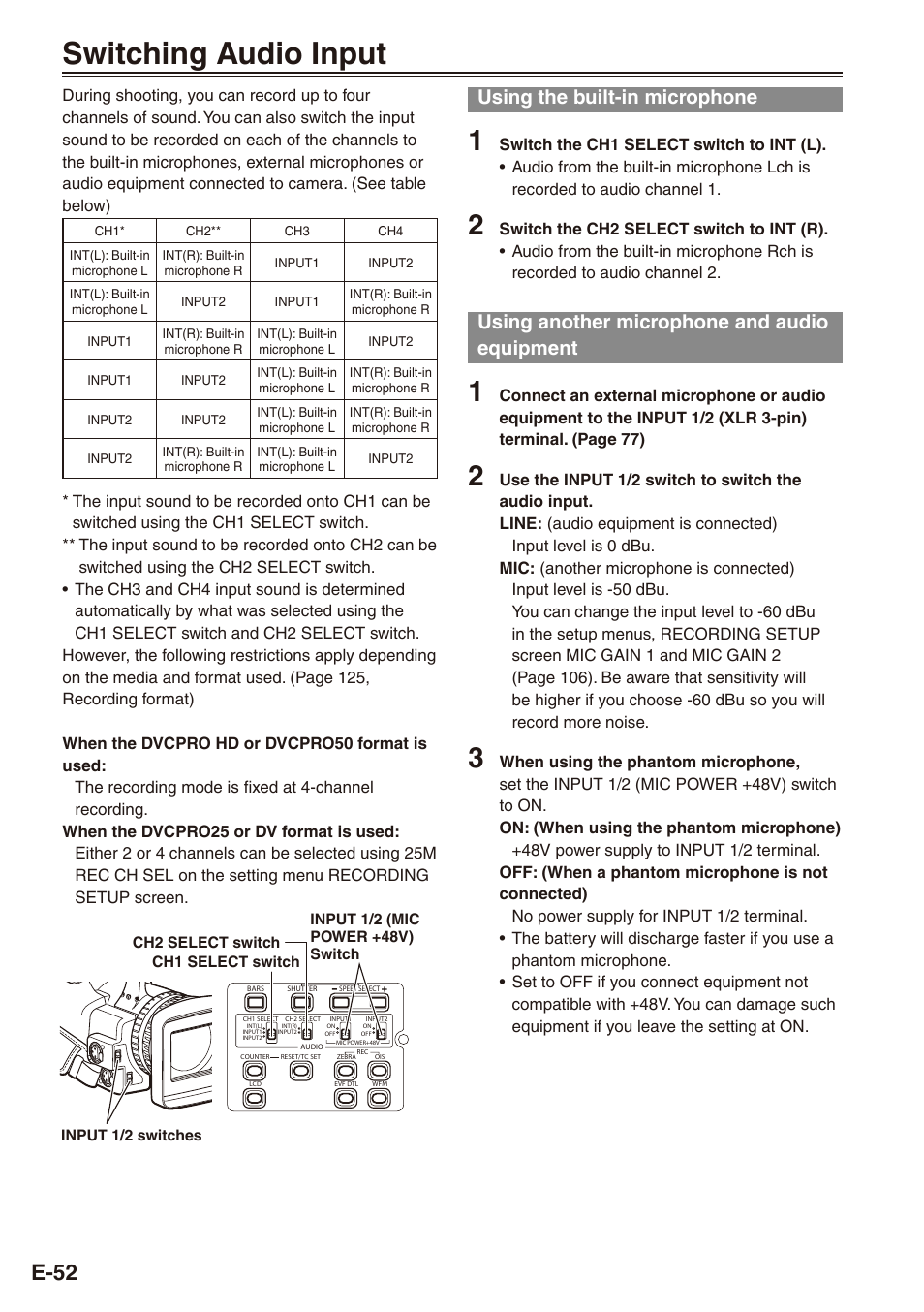 Switching audio input, Using the built-in microphone, Using another microphone and audio equipment | Audio equipment | Philips SD AG-HPX171E User Manual | Page 52 / 131