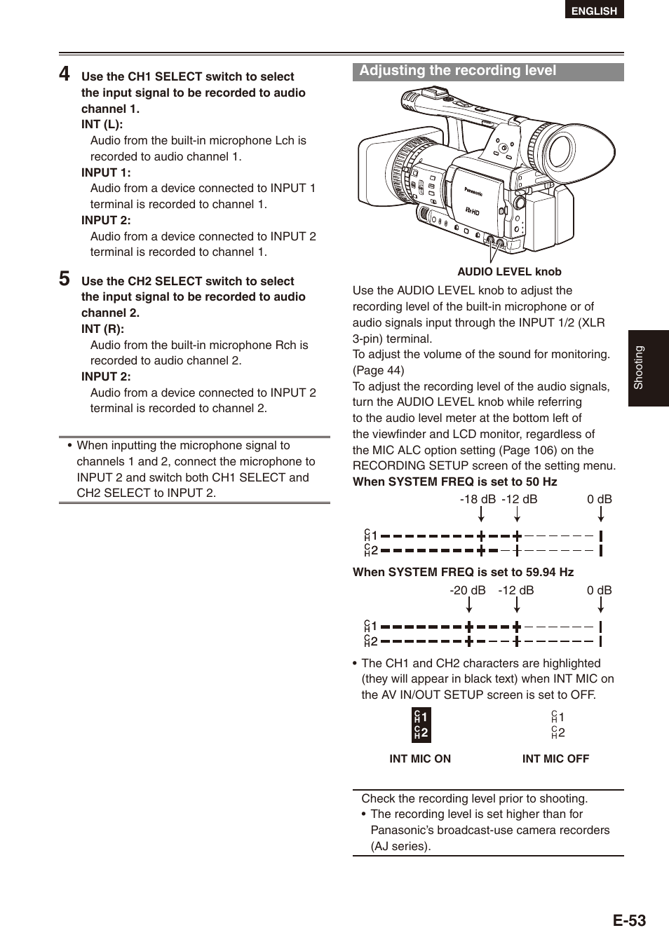 Adjusting the recording level, E-53 | Philips SD AG-HPX171E User Manual | Page 53 / 131