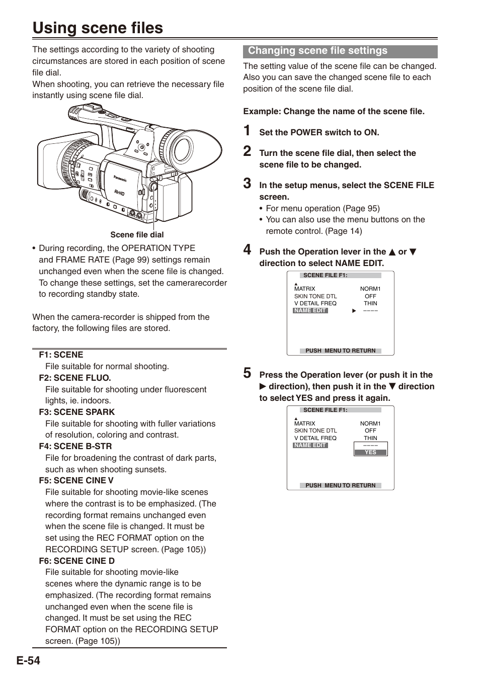 Using scene files, Changing scene file settings | Philips SD AG-HPX171E User Manual | Page 54 / 131