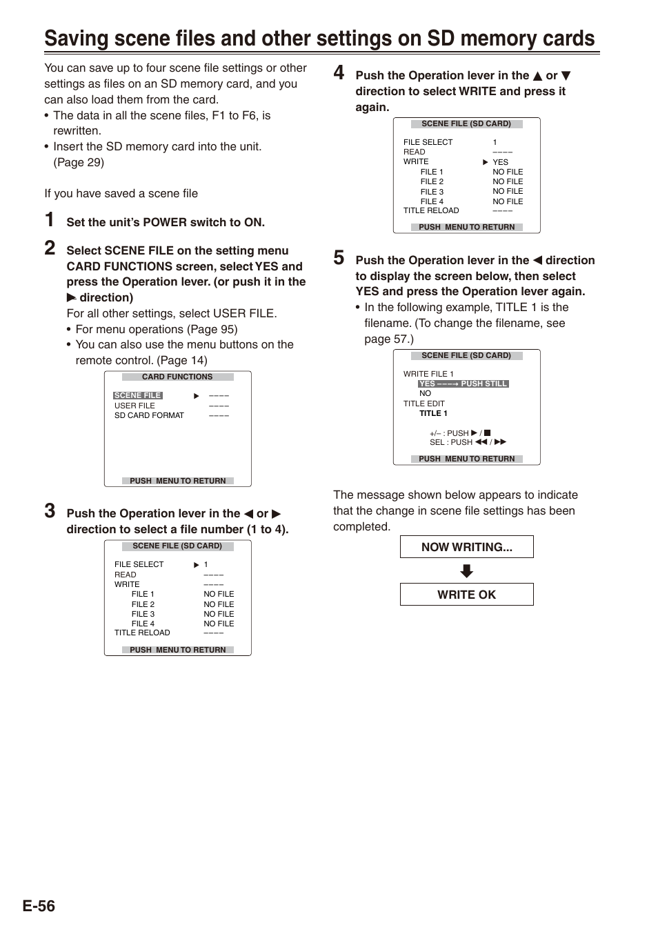 Saving scene files and other settings on, Sd memory cards, E-56 | Philips SD AG-HPX171E User Manual | Page 56 / 131