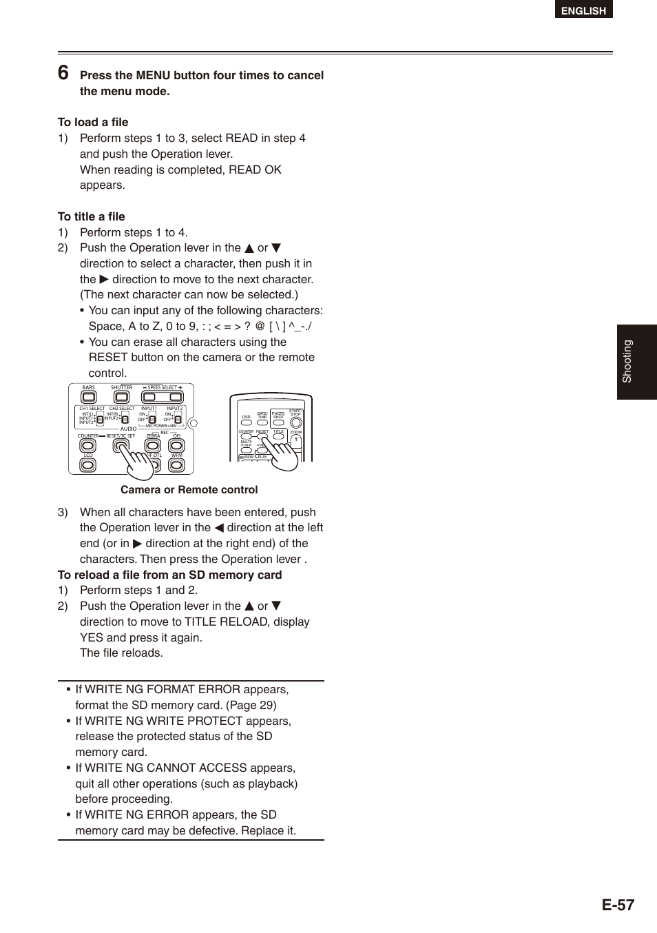 E-57, Shooting, Camera or remote control | English | Philips SD AG-HPX171E User Manual | Page 57 / 131