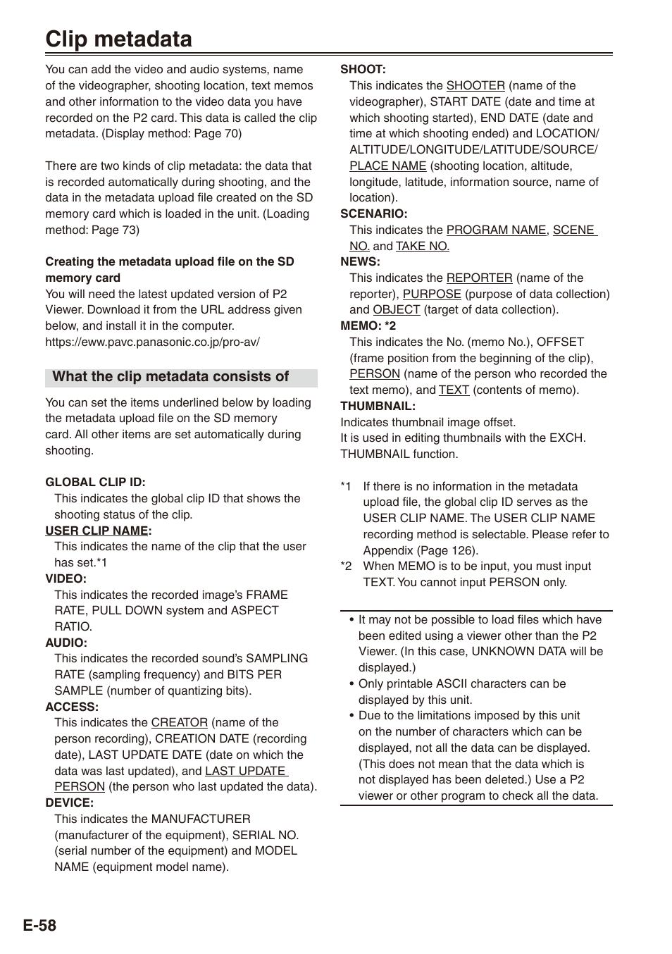 Clip metadata, E-58 | Philips SD AG-HPX171E User Manual | Page 58 / 131