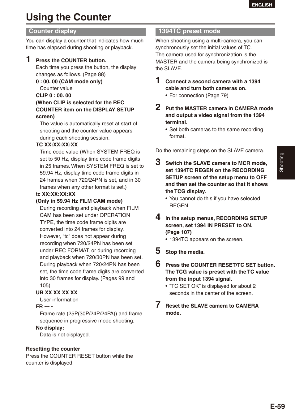 Using the counter, Counter display, 1394tc preset mode | Counter display 1394tc preset mode | Philips SD AG-HPX171E User Manual | Page 59 / 131