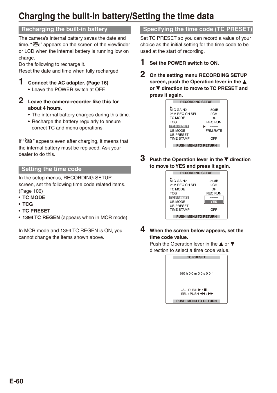 Recharging the built-in battery, Setting the time code, Specifying the time code (tc preset) | Charging the built-in battery, E-60 | Philips SD AG-HPX171E User Manual | Page 60 / 131