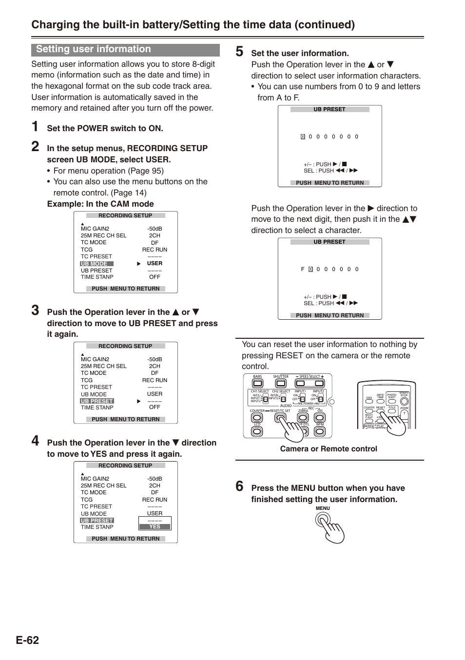 Setting user information, Set the power switch to on, Camera or remote control | Philips SD AG-HPX171E User Manual | Page 62 / 131