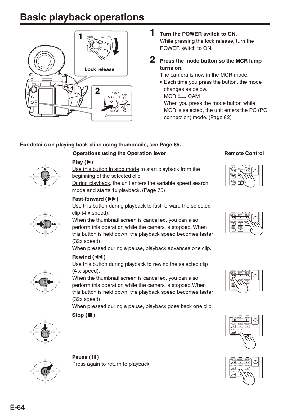 Playback, Basic playback operations, 64 and | Stop ( g ), Pause ( h ) press again to return to playback, Lock release | Philips SD AG-HPX171E User Manual | Page 64 / 131