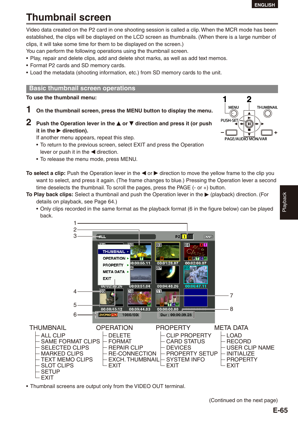 Thumbnail screen, Basic thumbnail screen operations, E-65 | Philips SD AG-HPX171E User Manual | Page 65 / 131