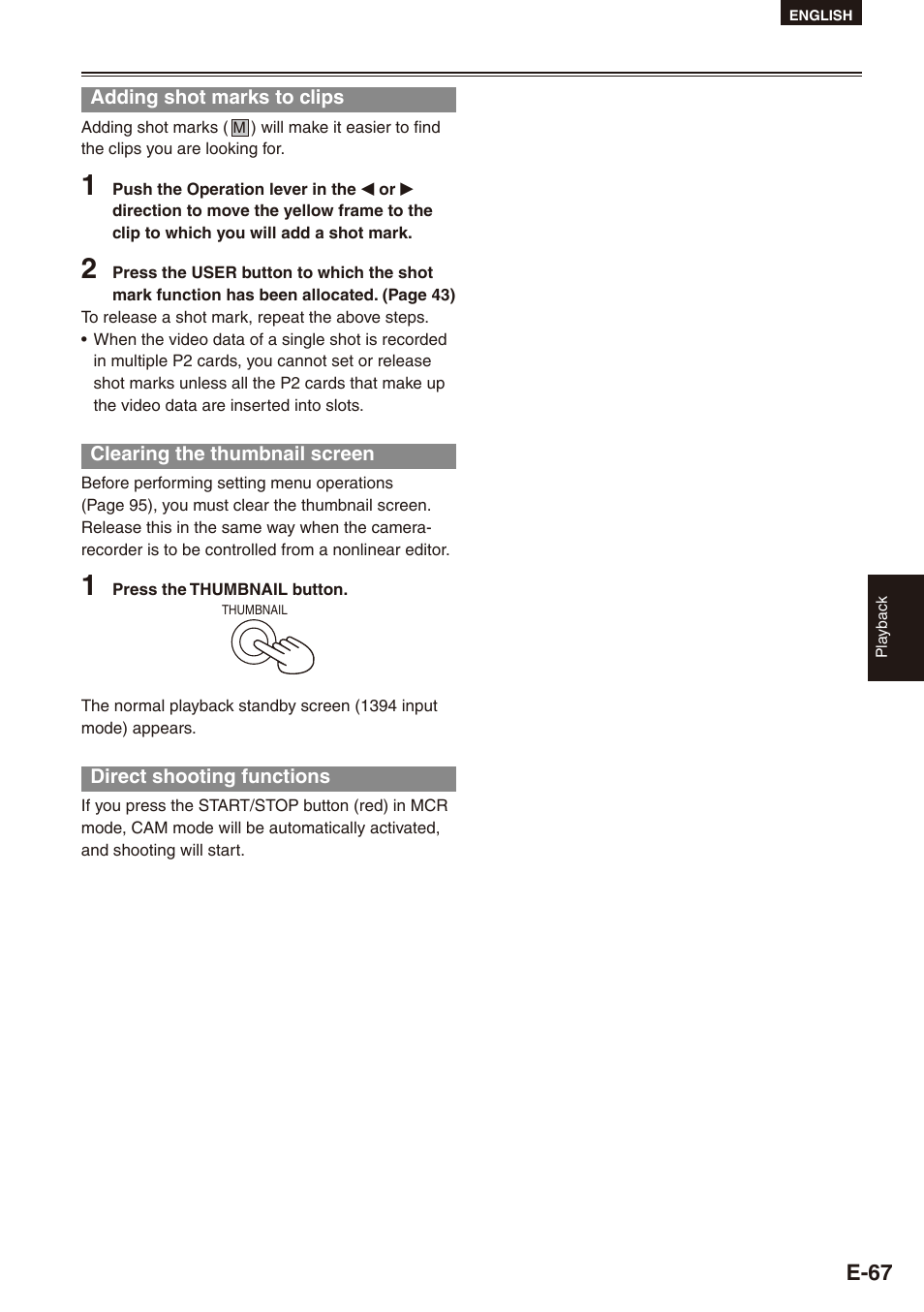 Adding shot marks to clips, Clearing the thumbnail screen, Direct shooting functions | E-67 | Philips SD AG-HPX171E User Manual | Page 67 / 131