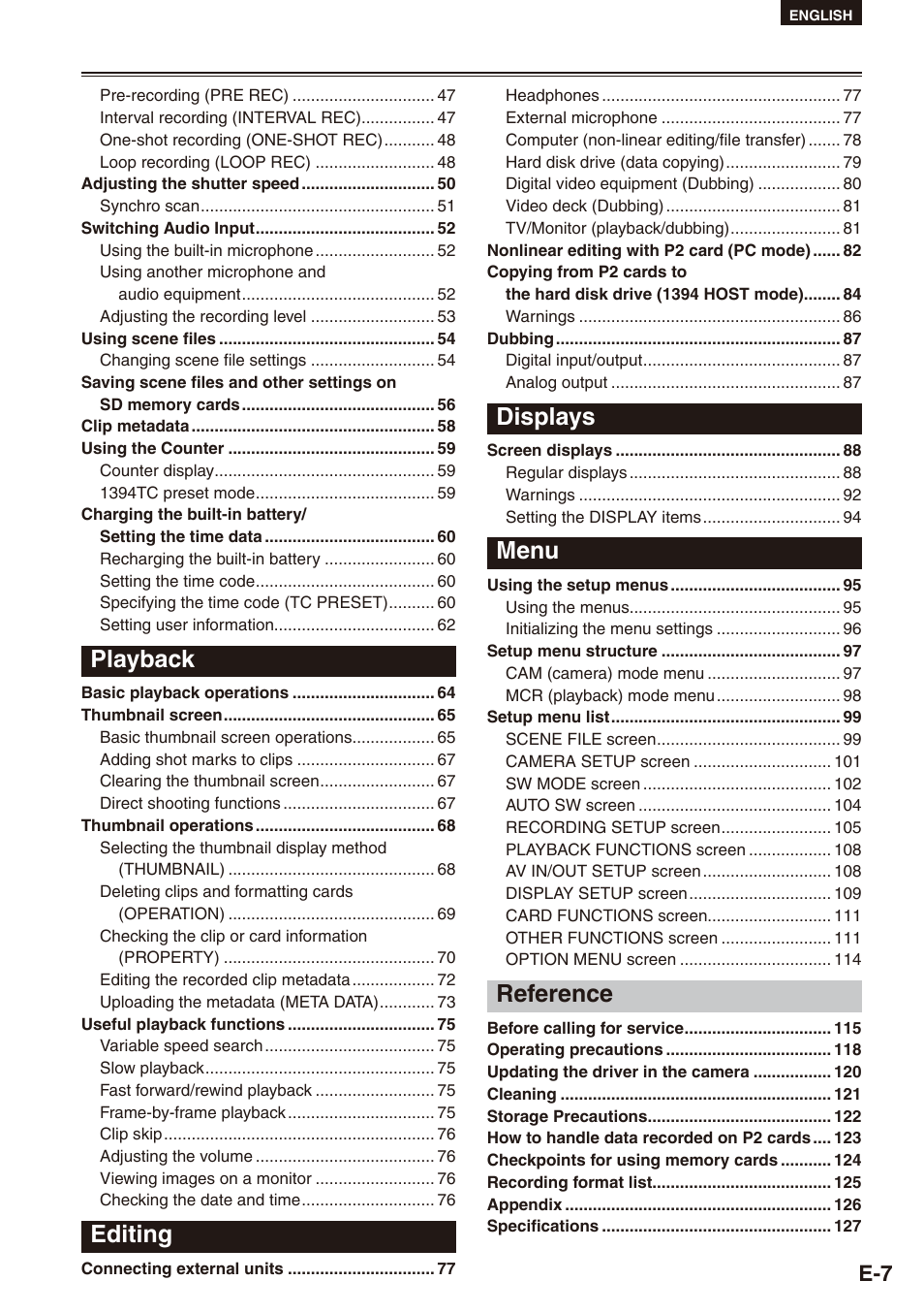 Playback, Editing, Displays | Menu, Reference | Philips SD AG-HPX171E User Manual | Page 7 / 131