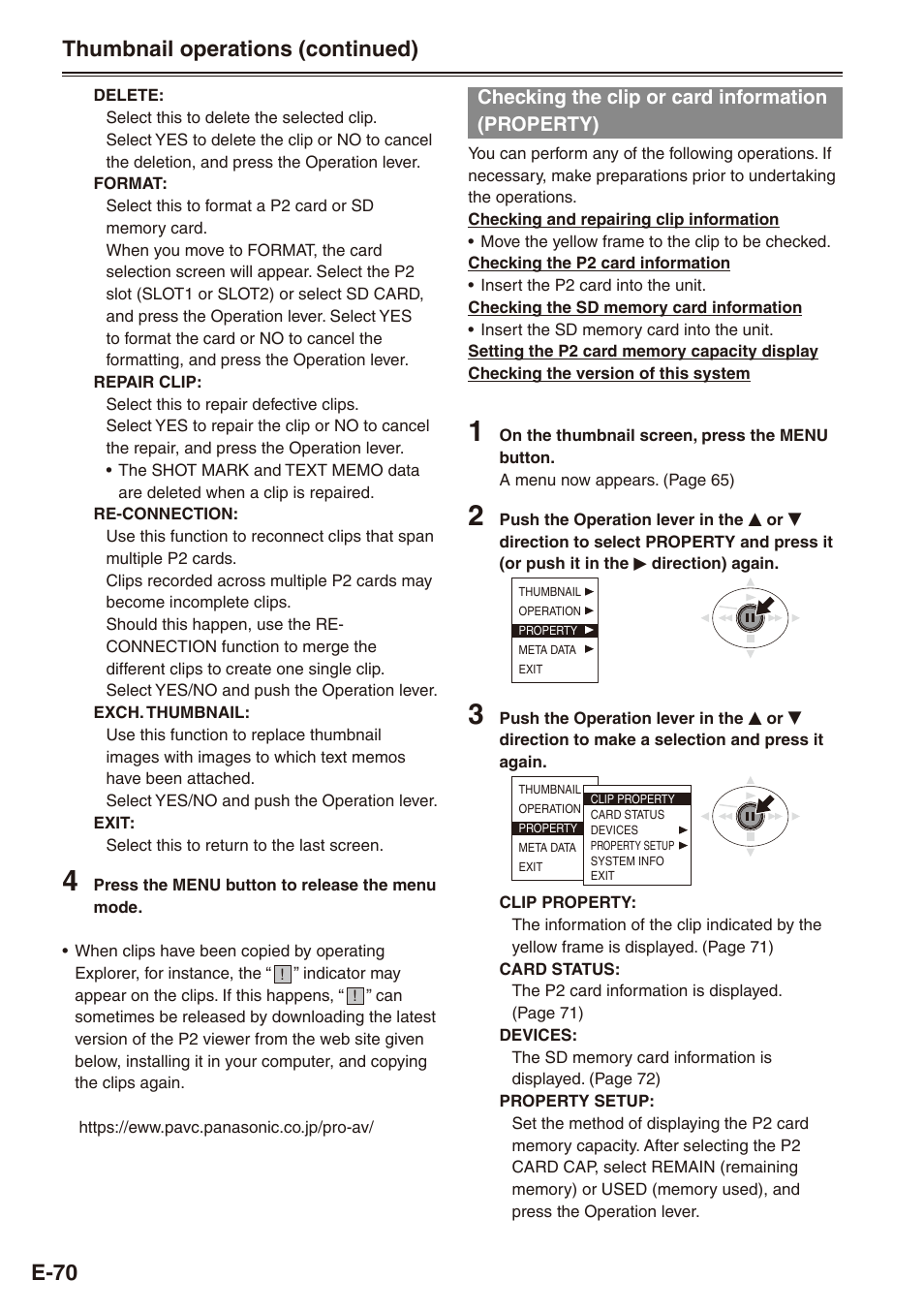 Checking the clip or card information (property), Checking the clip or card information, Property) | E-70, Thumbnail operations (continued) | Philips SD AG-HPX171E User Manual | Page 70 / 131