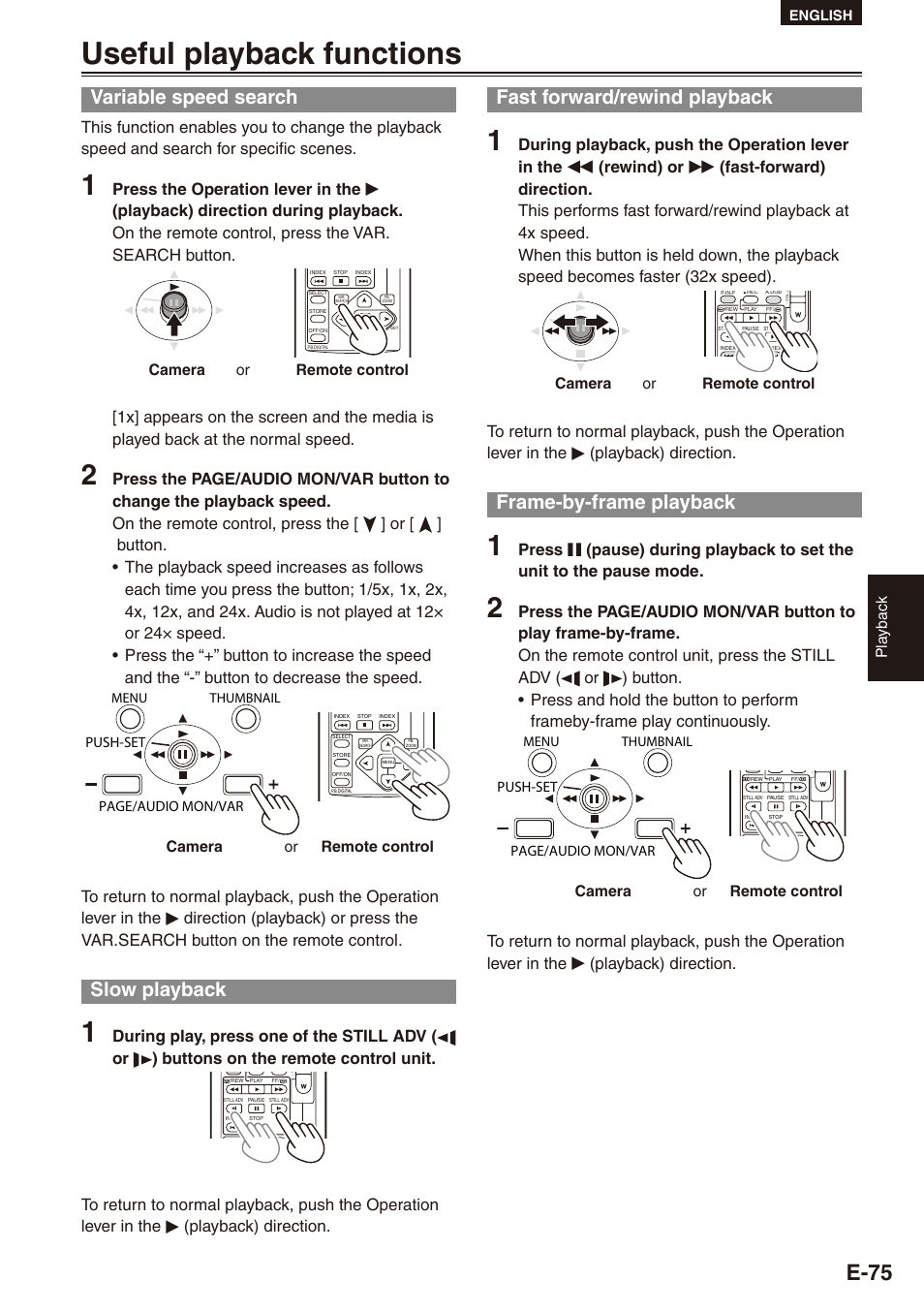 Useful playback functions, Variable speed search, Slow playback | Fast forward/rewind playback, Frame-by-frame playback, And 75, E-75, Pla ybac k, Camera or remote control, Push-set page/audio mon/var | Philips SD AG-HPX171E User Manual | Page 75 / 131