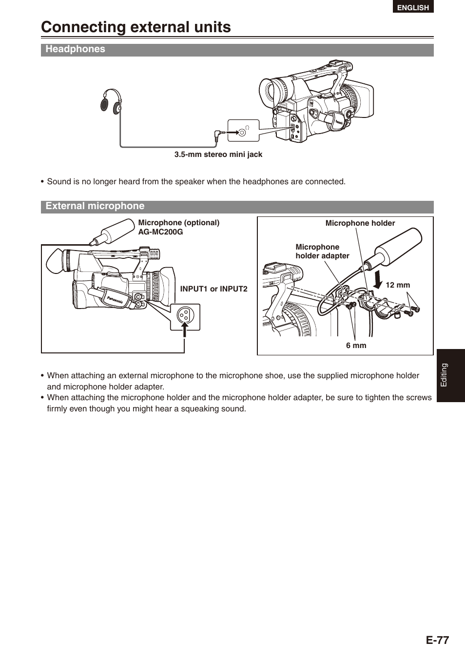 Editing, Connecting external units, Headphones | External microphone, Headphones external microphone, E-77 | Philips SD AG-HPX171E User Manual | Page 77 / 131