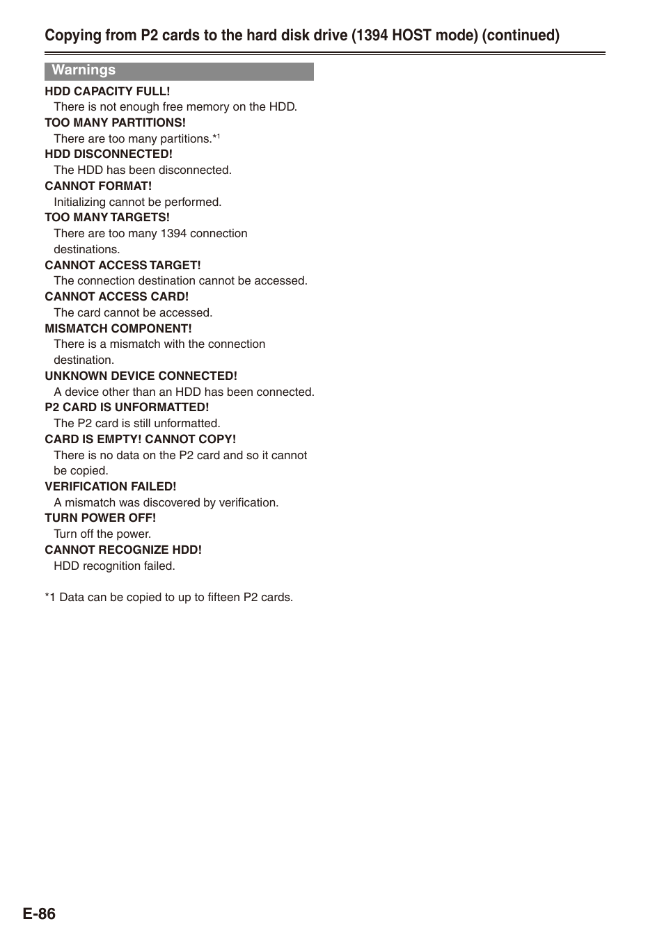 Warnings, E-86 | Philips SD AG-HPX171E User Manual | Page 86 / 131