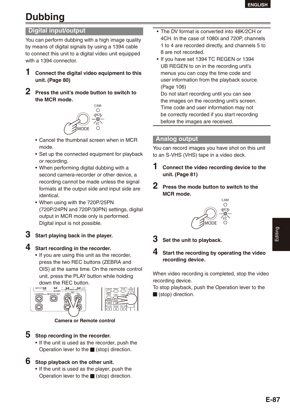 Dubbing, Digital input/output, Analog output | Digital input/output analog output, E-87 | Philips SD AG-HPX171E User Manual | Page 87 / 131