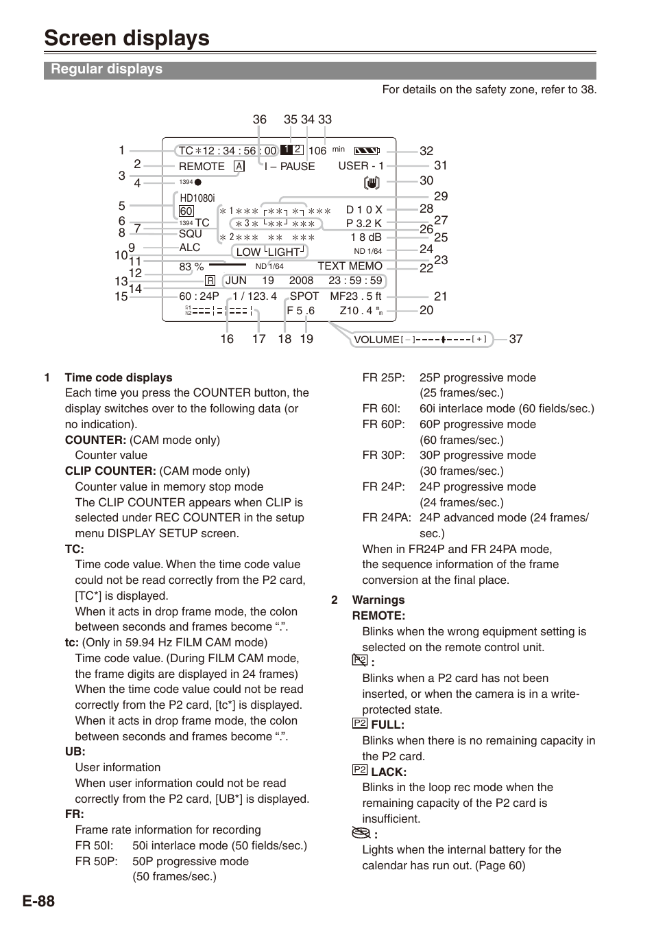 Displays, Screen displays, Regular displays | E-88 | Philips SD AG-HPX171E User Manual | Page 88 / 131