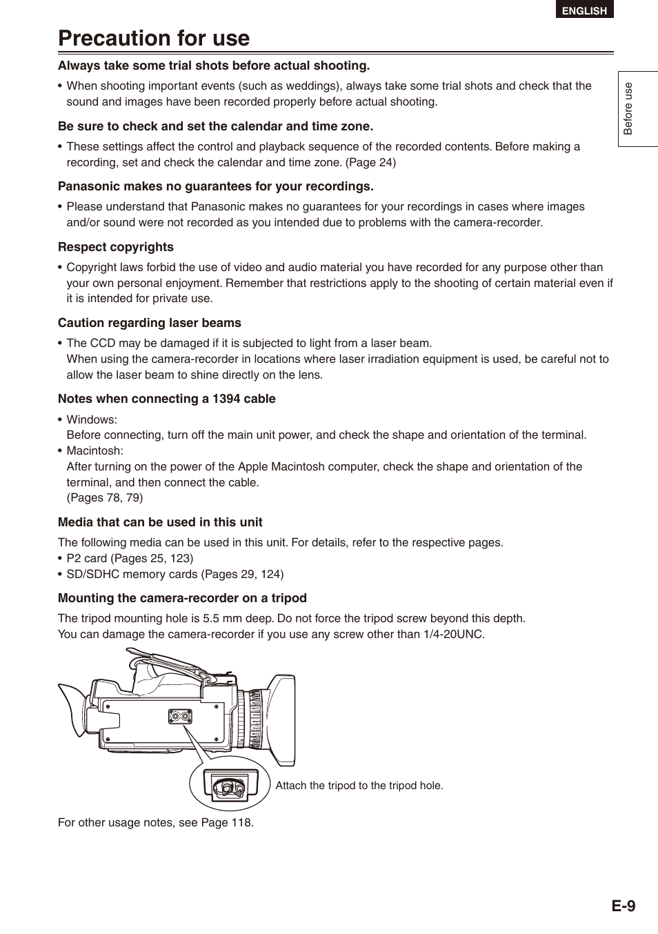 Precaution for use | Philips SD AG-HPX171E User Manual | Page 9 / 131