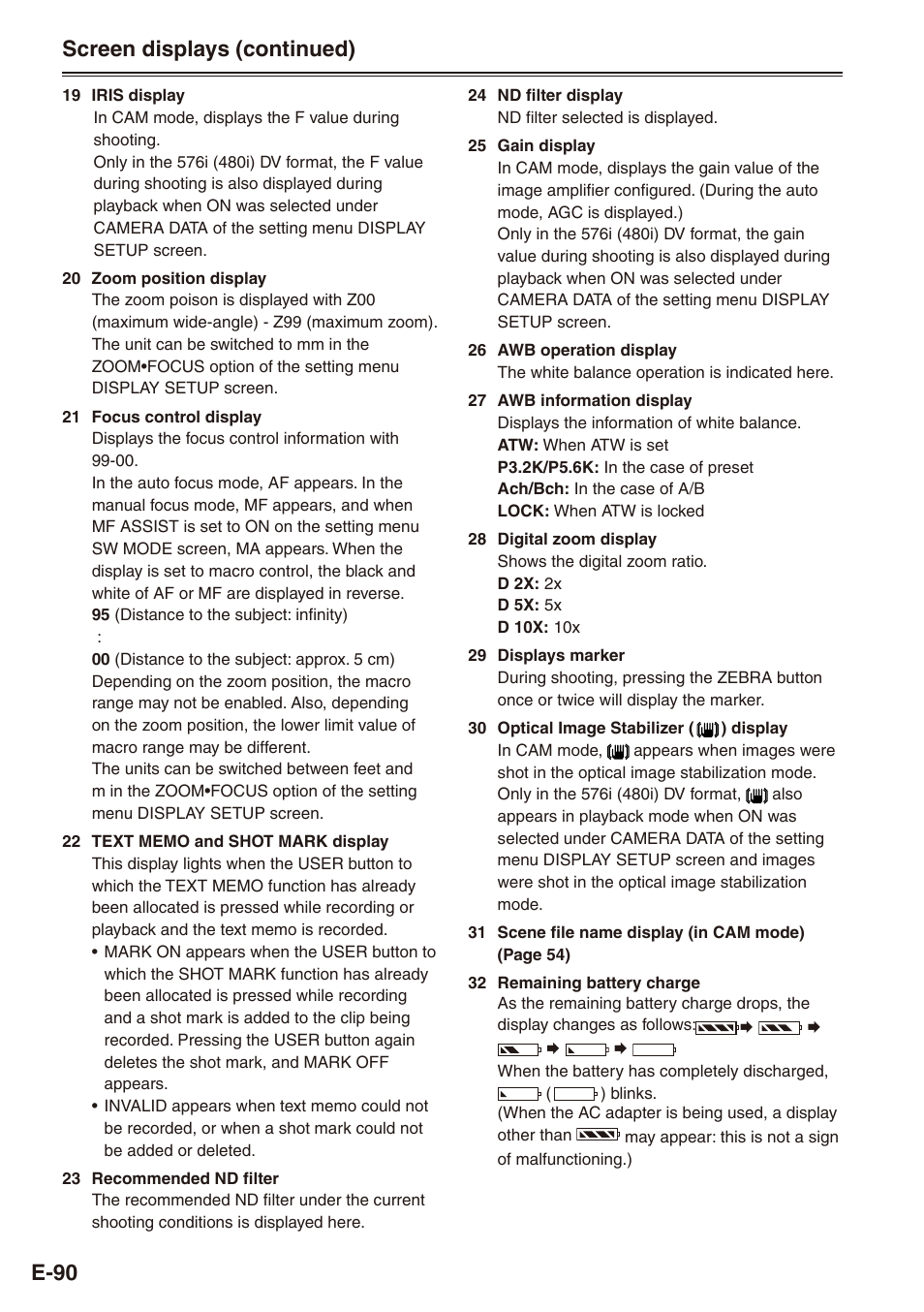 E-90, Screen displays (continued) | Philips SD AG-HPX171E User Manual | Page 90 / 131