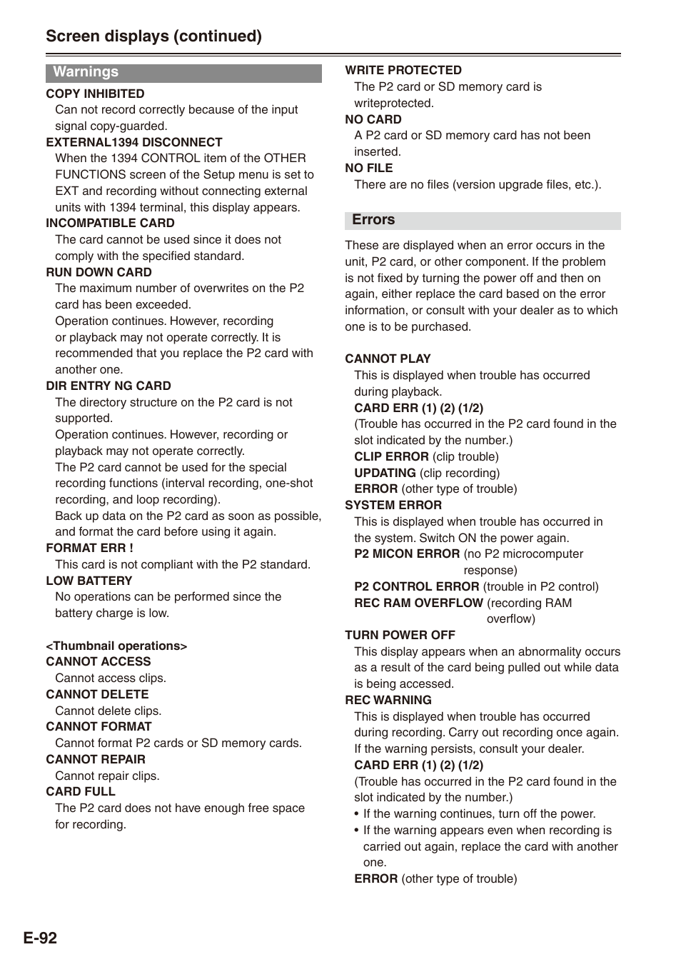 Warnings, Screen displays (continued) | Philips SD AG-HPX171E User Manual | Page 92 / 131