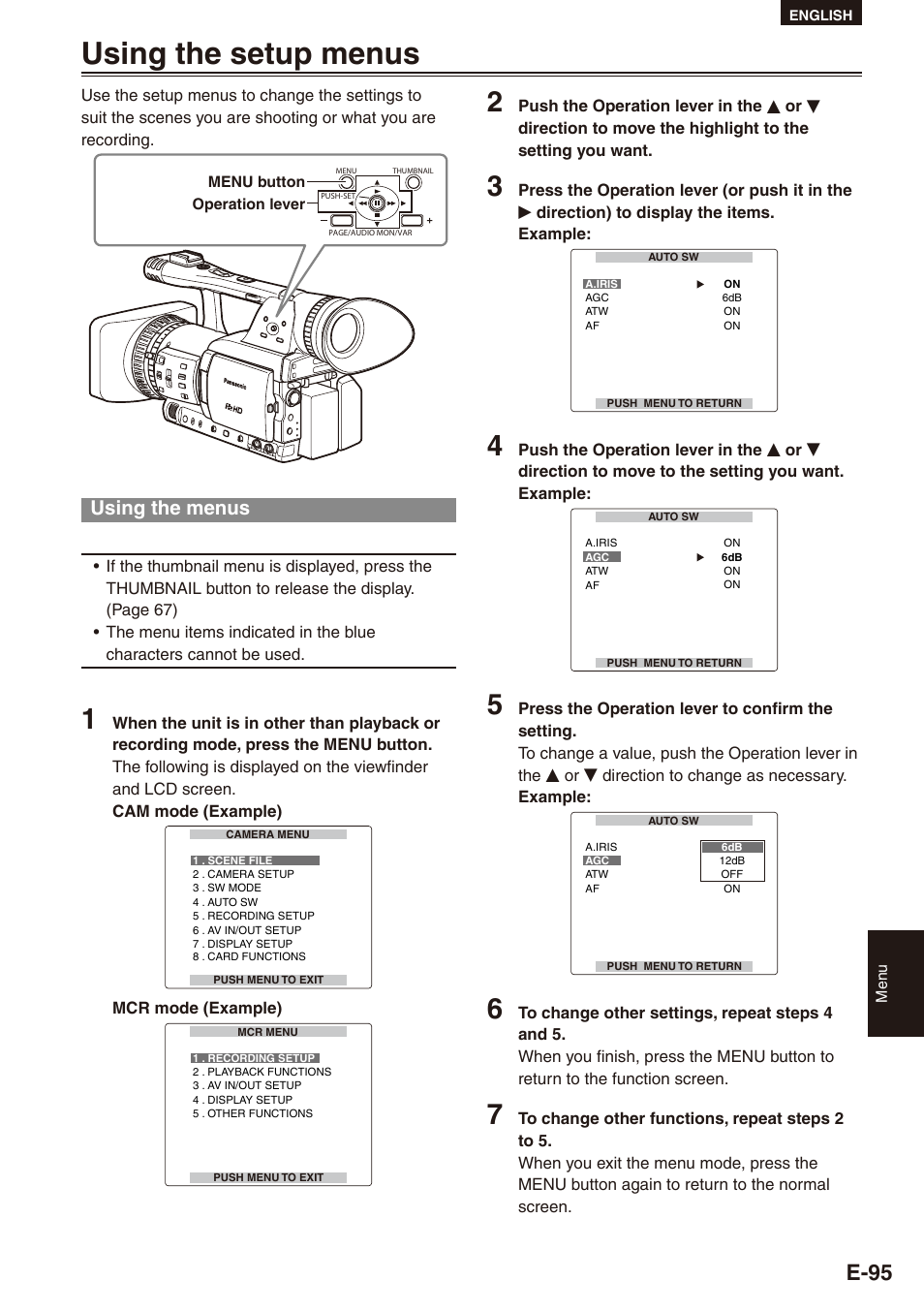 Menu, Using the setup menus, Using the menus | E-95 | Philips SD AG-HPX171E User Manual | Page 95 / 131