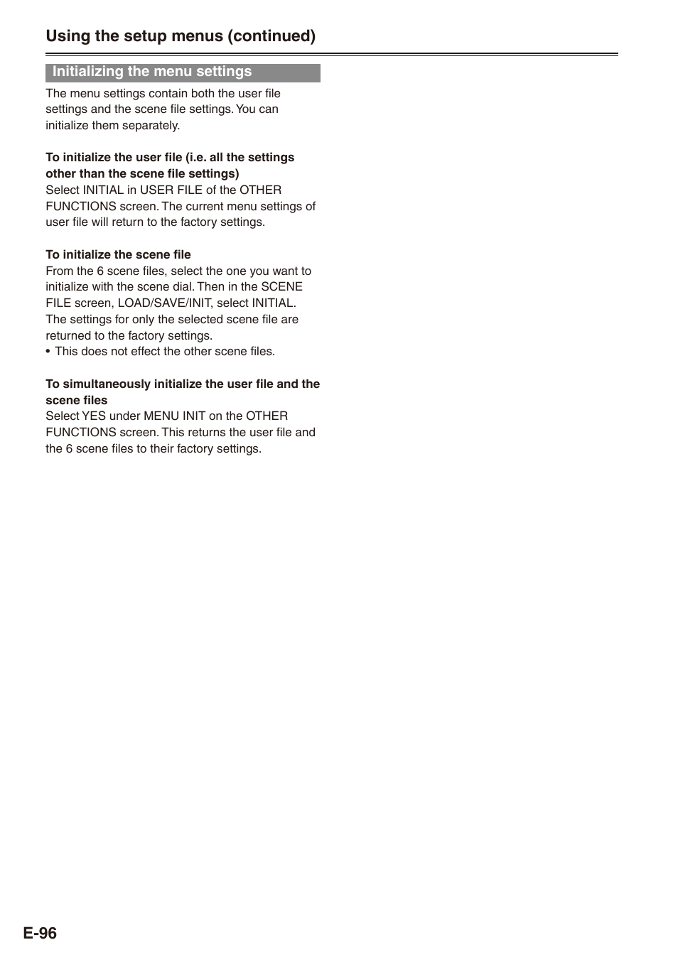 Initializing the menu settings, E-96, Using the setup menus (continued) | Philips SD AG-HPX171E User Manual | Page 96 / 131