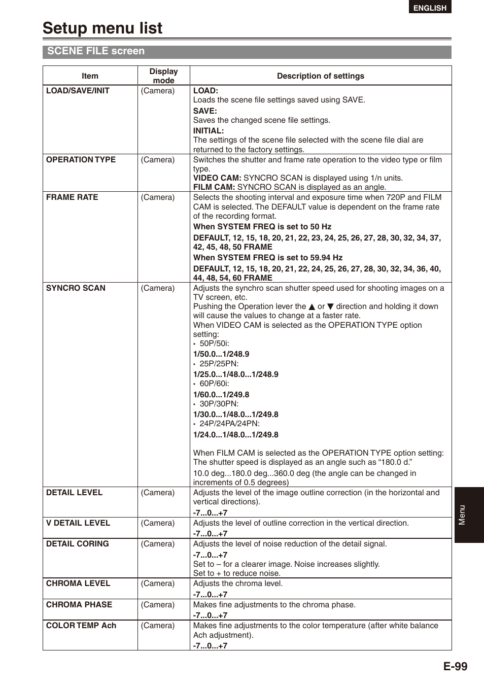 Setup menu list, Scene file screen, 99) on the scene file screen | 99 and, E-99 | Philips SD AG-HPX171E User Manual | Page 99 / 131