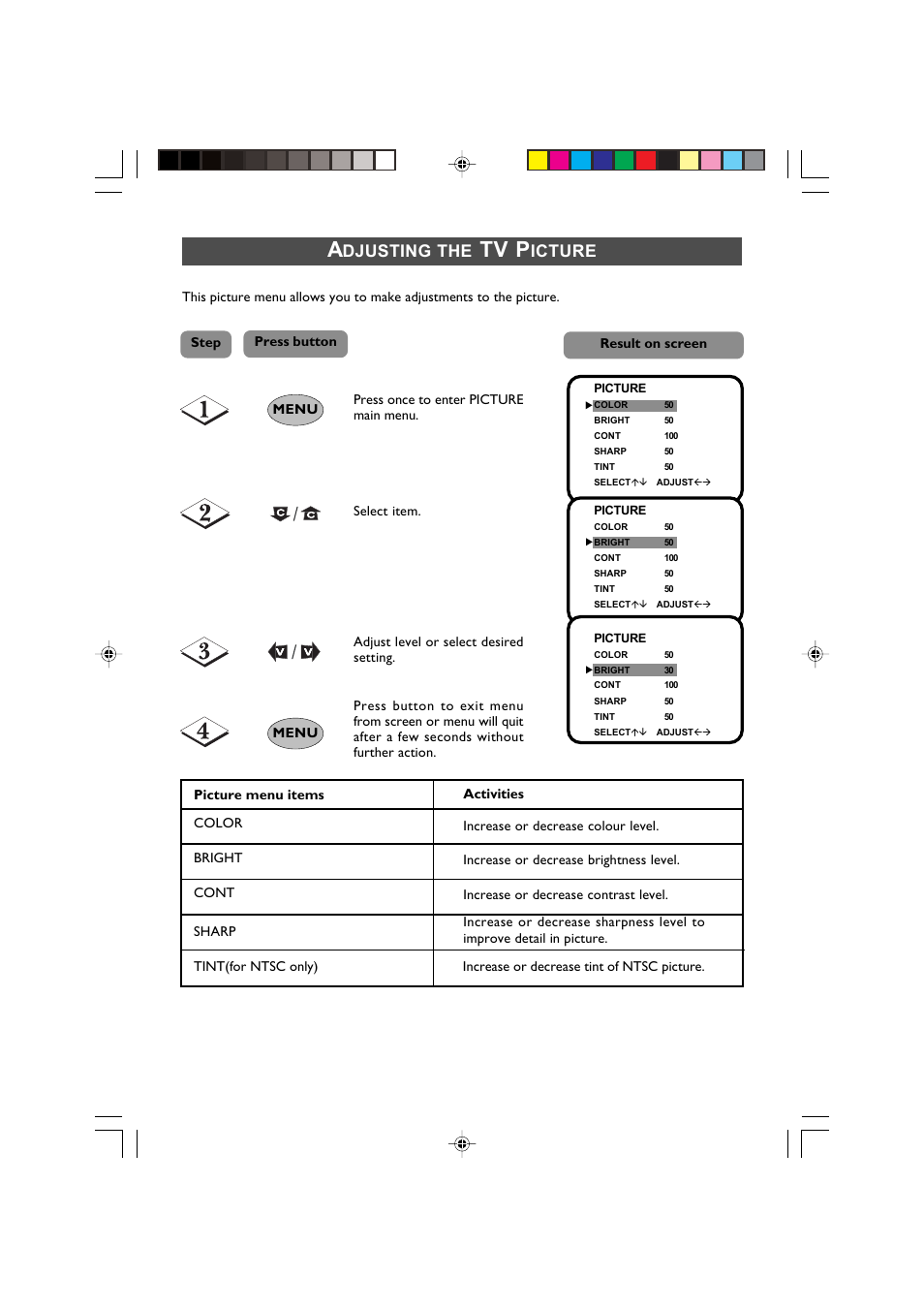 Tv p, Djusting the, Icture | Philips 21PT2010 User Manual | Page 14 / 16