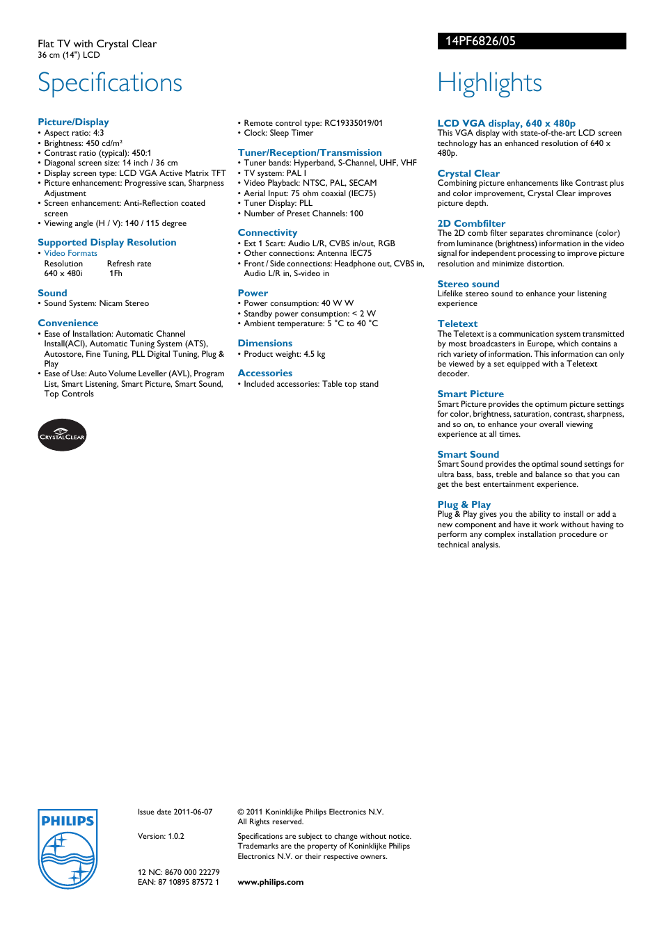 Specifications, Highlights | Philips 14PF6826 User Manual | Page 2 / 2