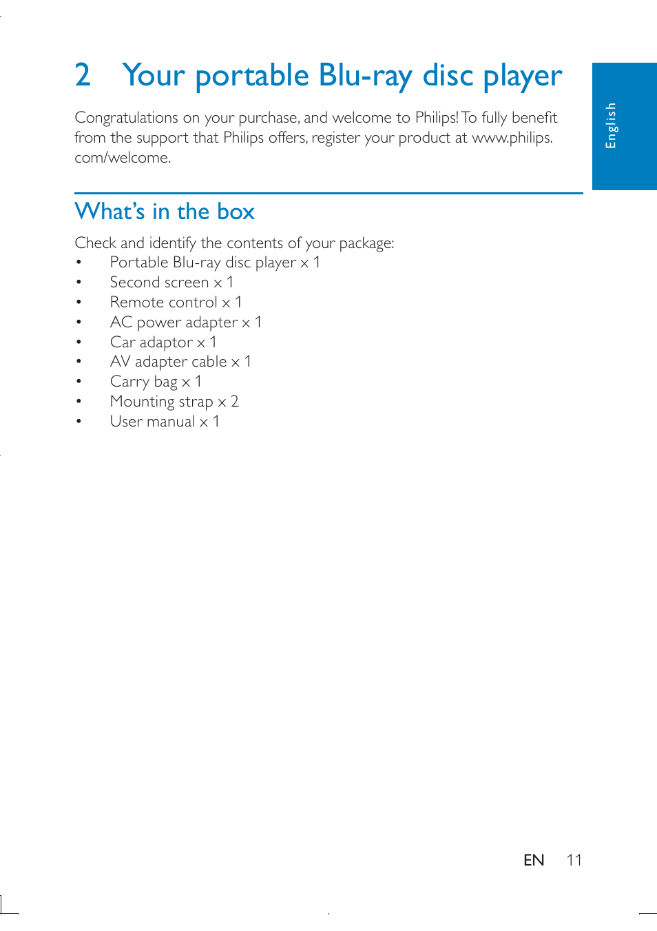 2 your portable blu-ray disc player, What’s in the box | Philips PB9011 User Manual | Page 12 / 41