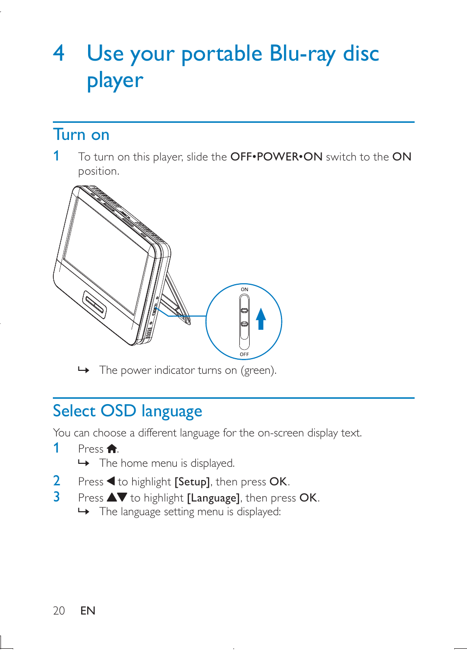 4 use your portable blu-ray disc player, Turn on, Select osd language | Philips PB9011 User Manual | Page 21 / 41